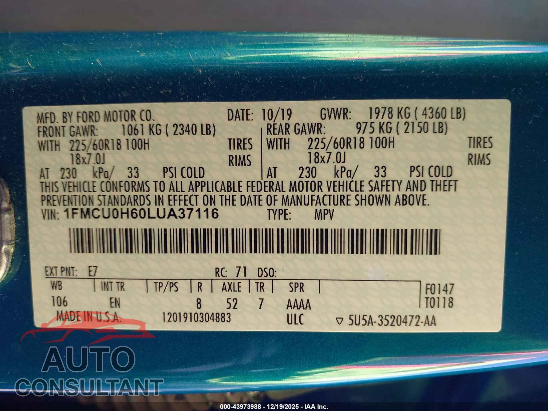 FORD ESCAPE 2020 - 1FMCU0H60LUA37116