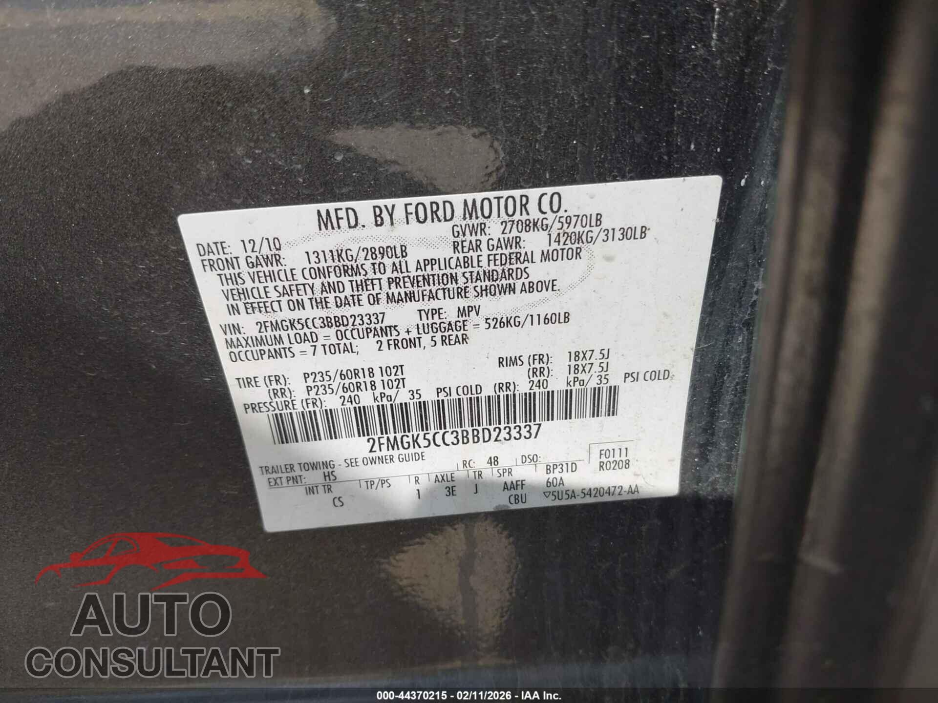 FORD FLEX 2011 - 2FMGK5CC3BBD23337