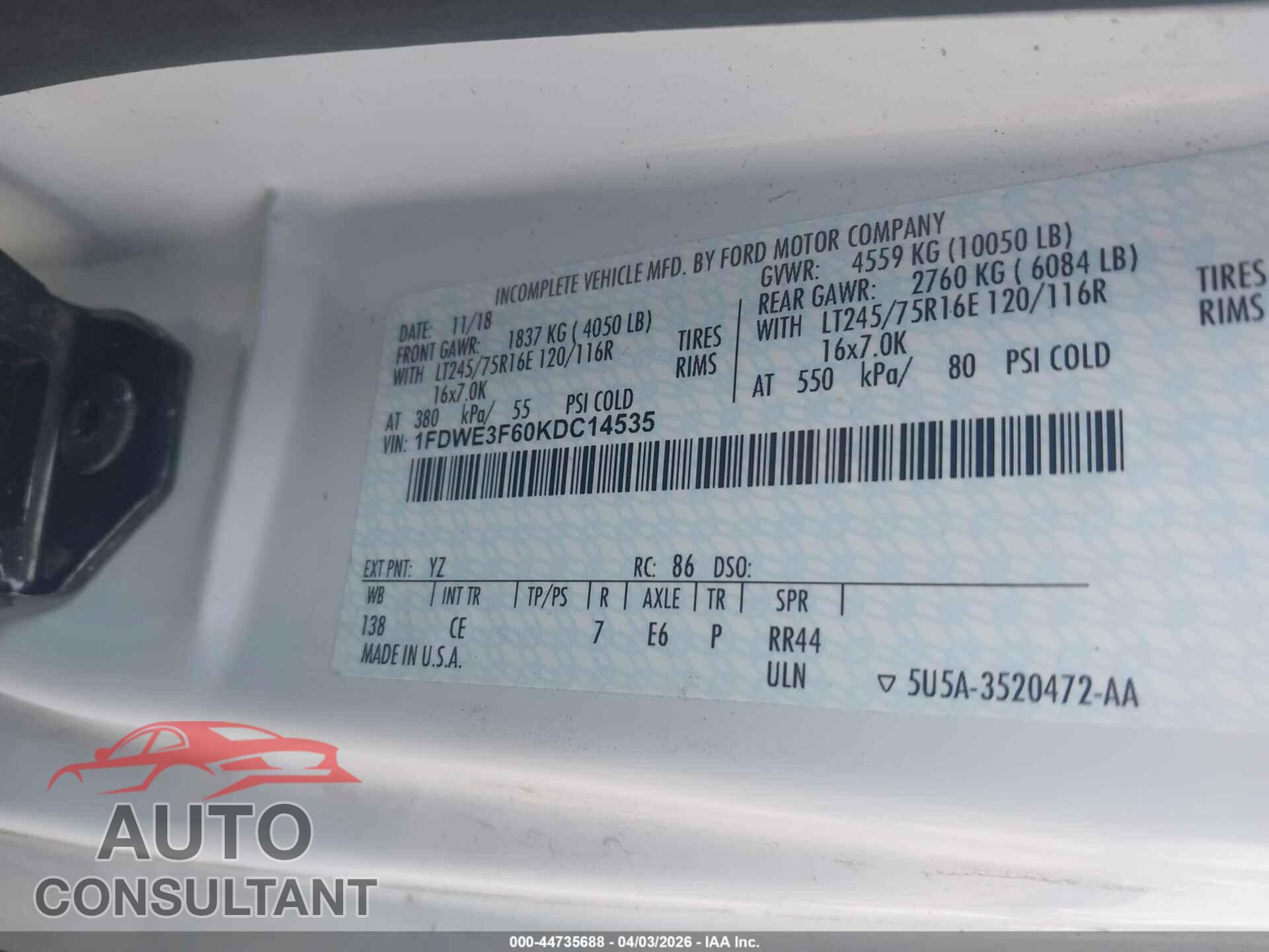 FORD E-350 CUTAWAY 2019 - 1FDWE3F60KDC14535