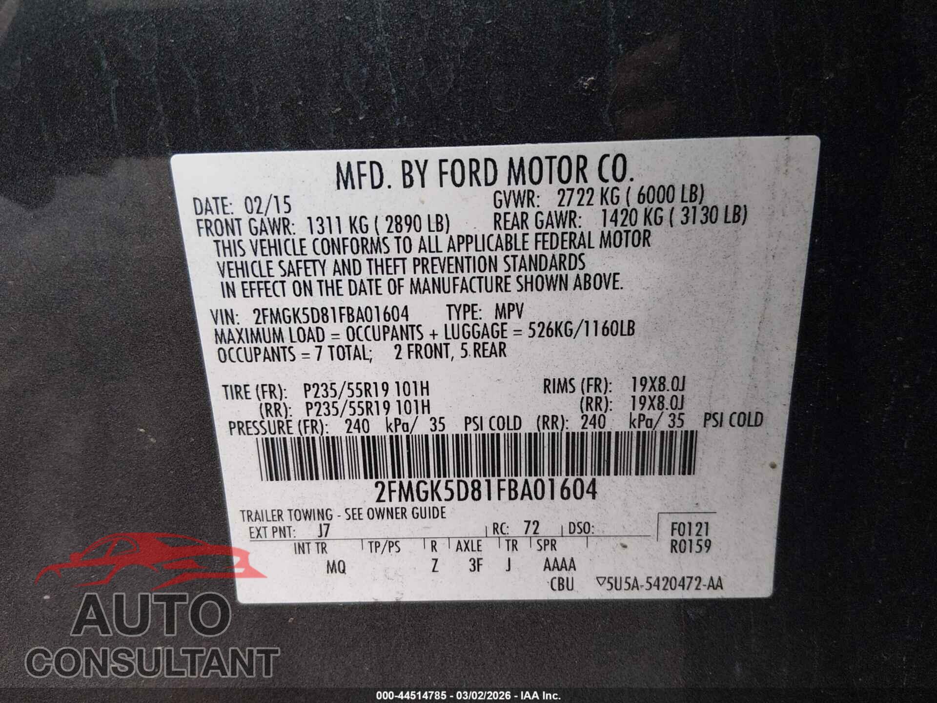 FORD FLEX 2015 - 2FMGK5D81FBA01604