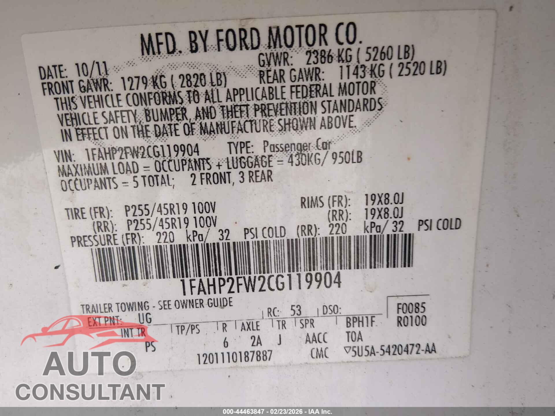FORD TAURUS 2012 - 1FAHP2FW2CG119904