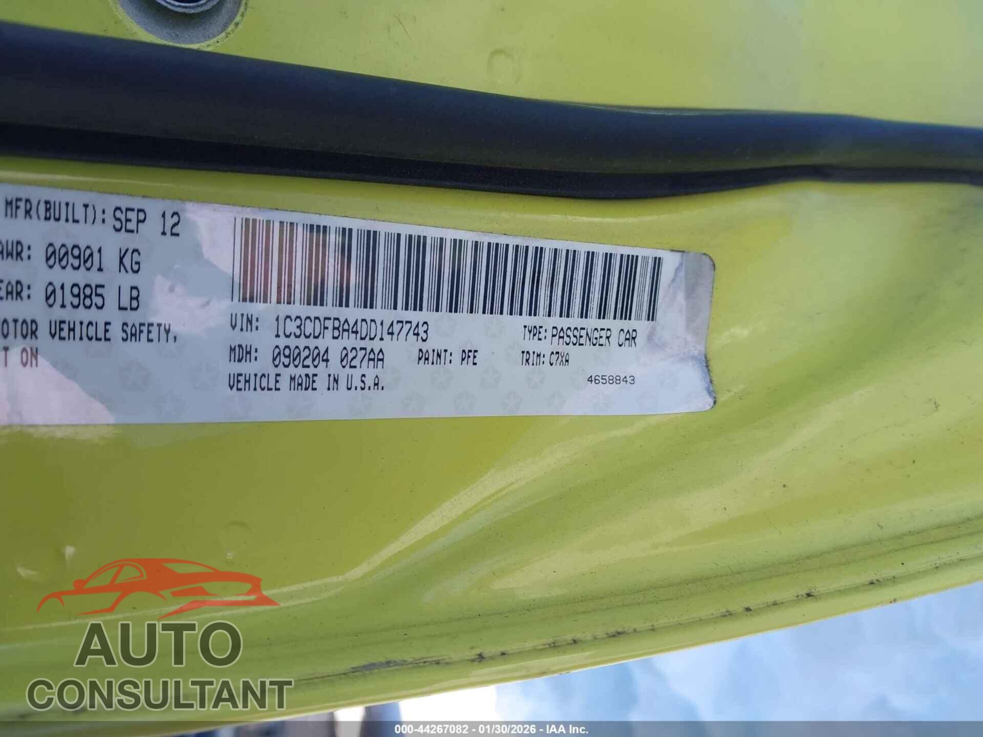 DODGE DART 2013 - 1C3CDFBA4DD147743