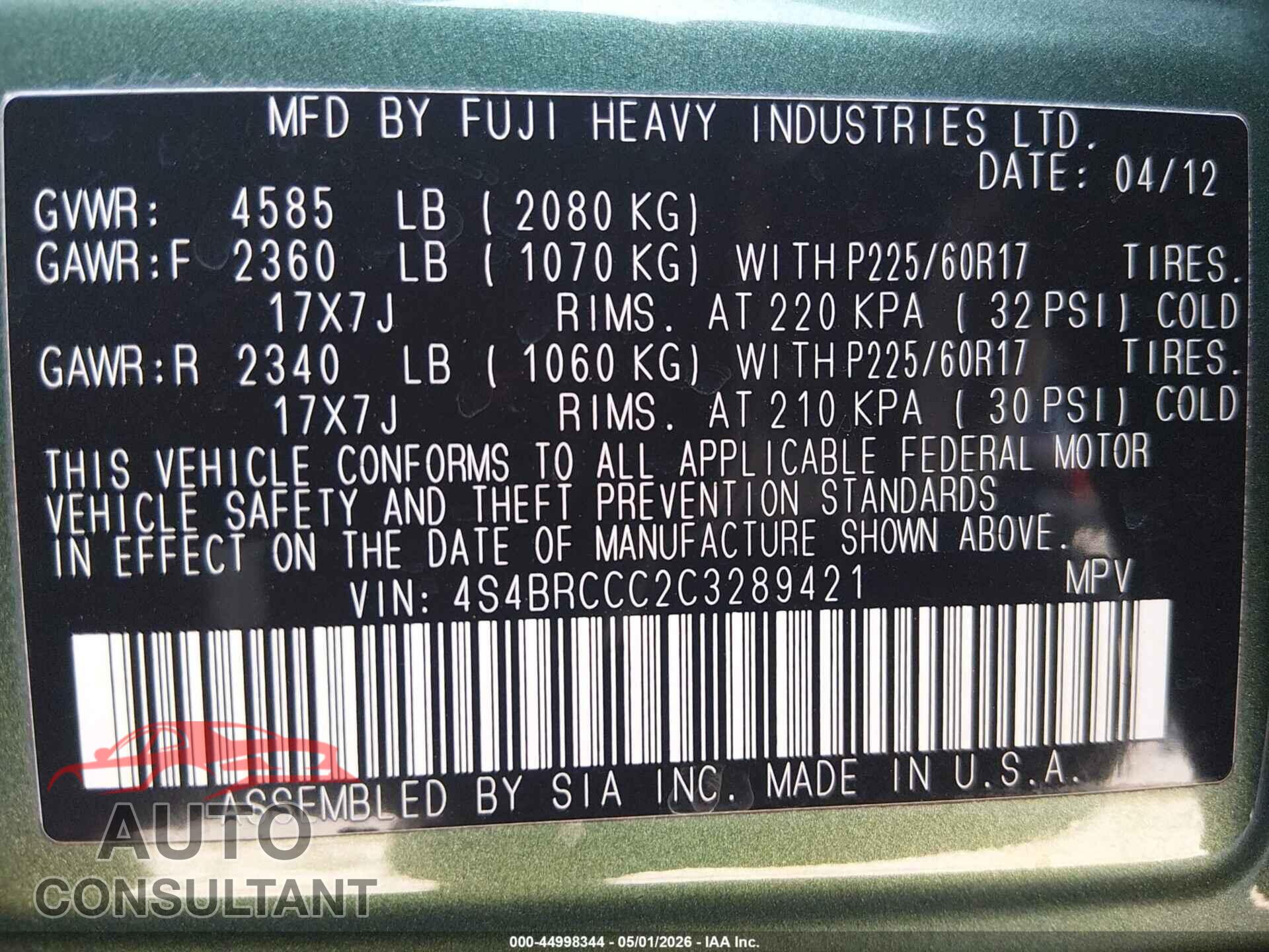 SUBARU OUTBACK 2012 - 4S4BRCCC2C3289421