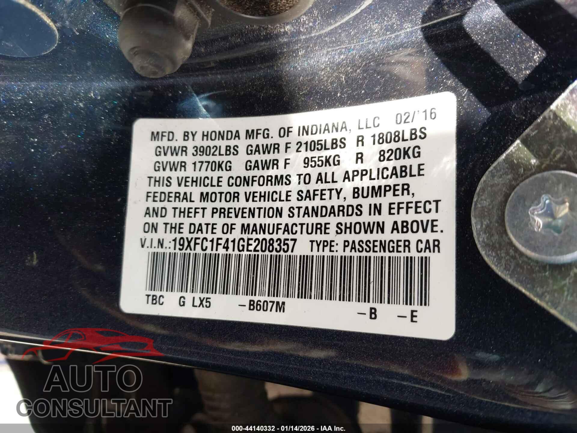 HONDA CIVIC 2016 - 19XFC1F41GE208357