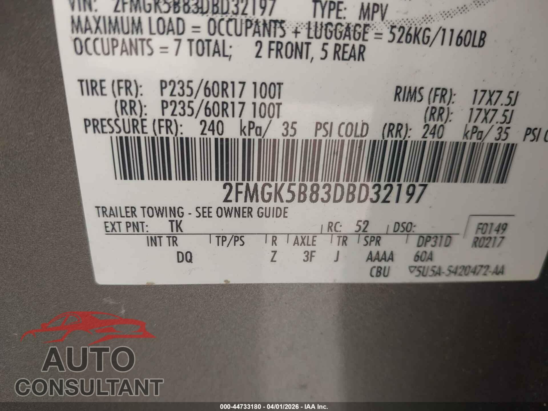FORD FLEX 2013 - 2FMGK5B83DBD32197