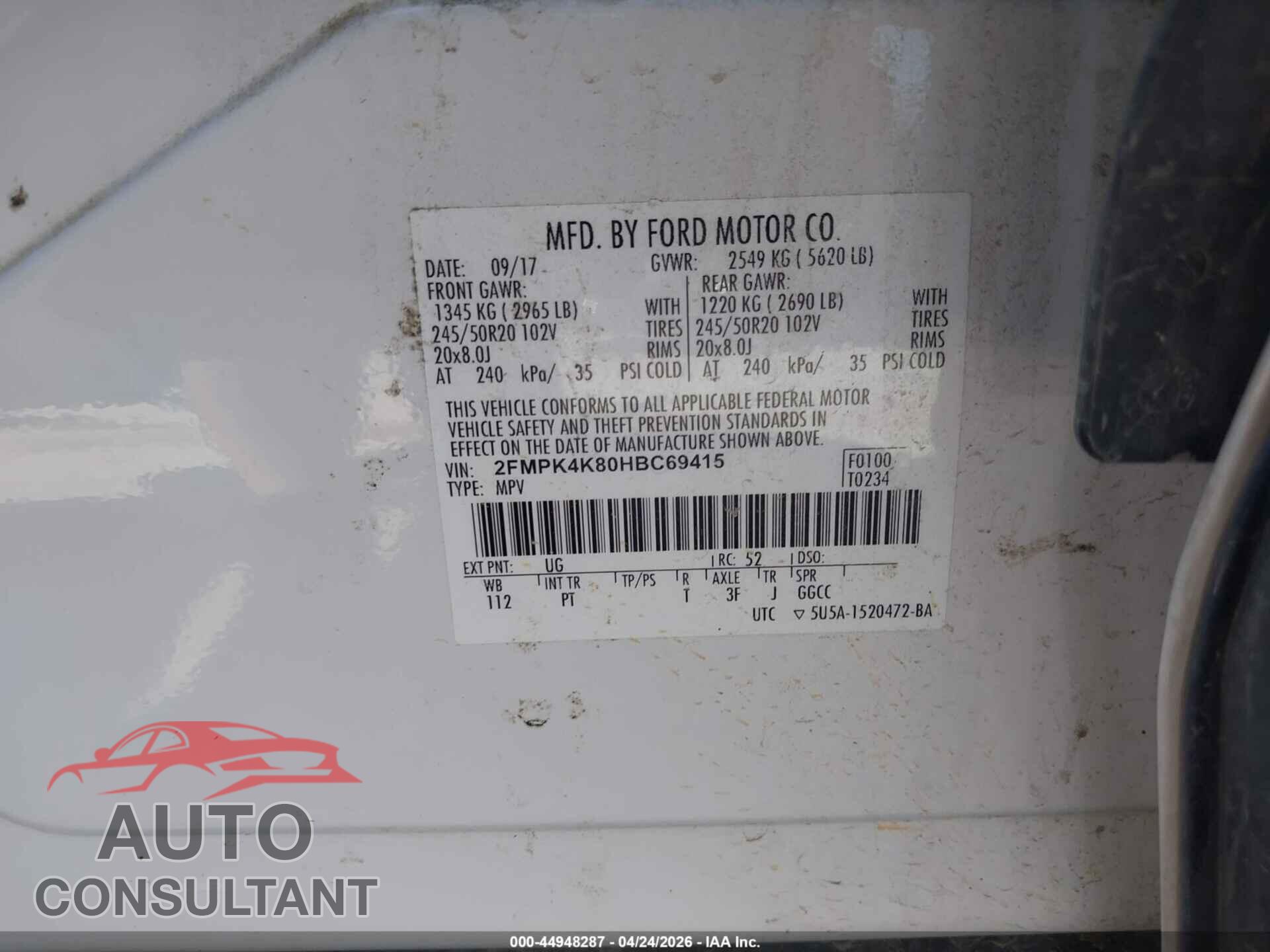 FORD EDGE 2017 - 2FMPK4K80HBC69415