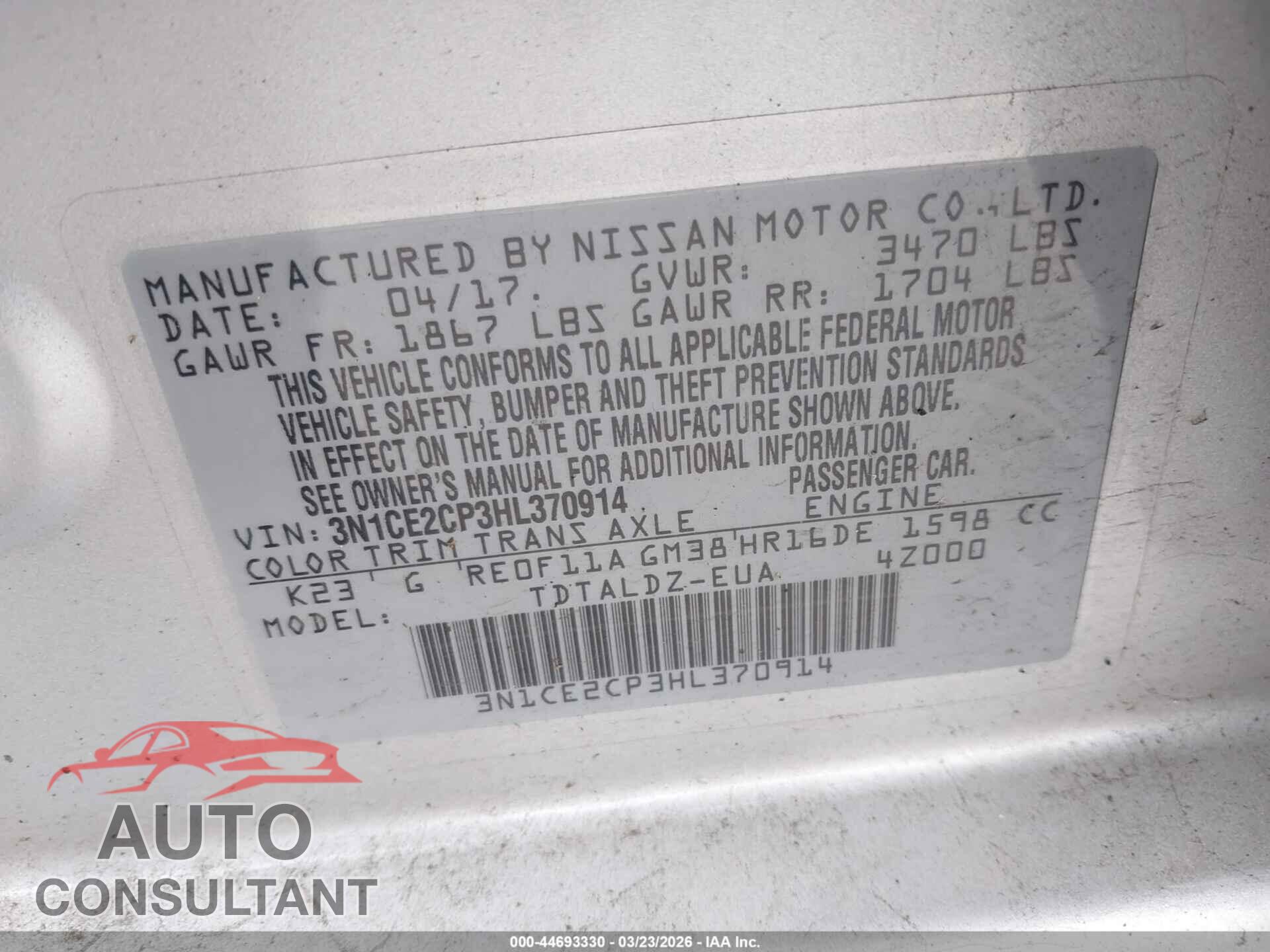 NISSAN VERSA NOTE 2017 - 3N1CE2CP3HL370914