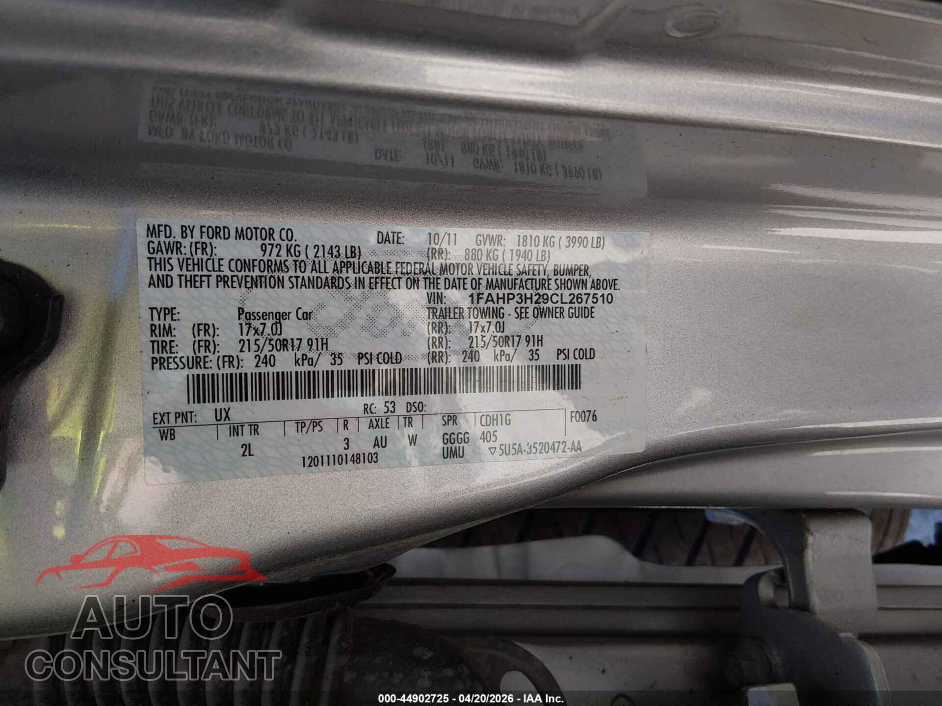 FORD FOCUS 2012 - 1FAHP3H29CL267510