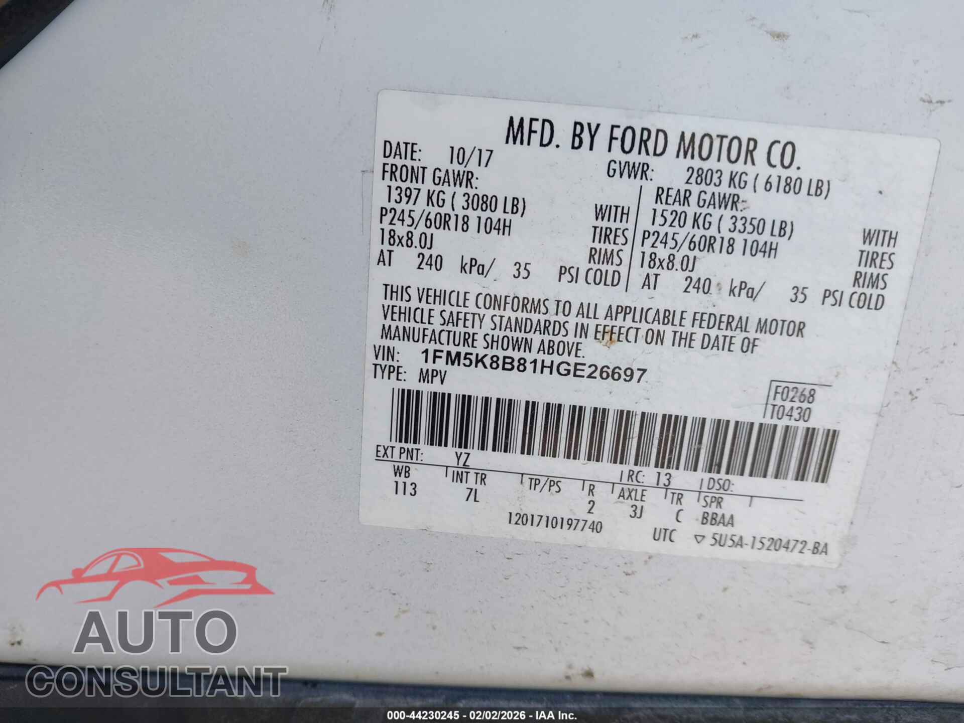 FORD EXPLORER 2017 - 1FM5K8B81HGE26697