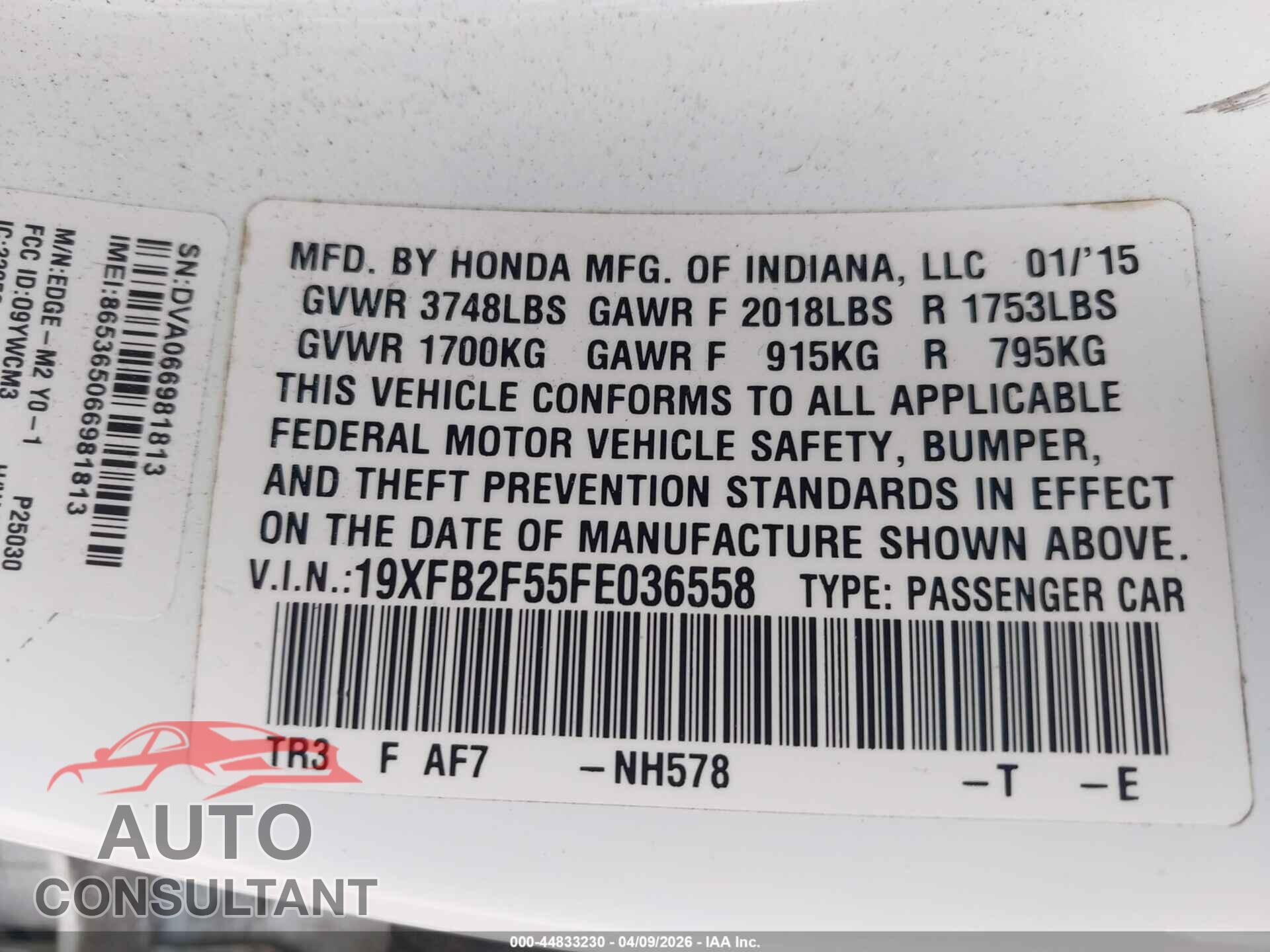 HONDA CIVIC 2015 - 19XFB2F55FE036558