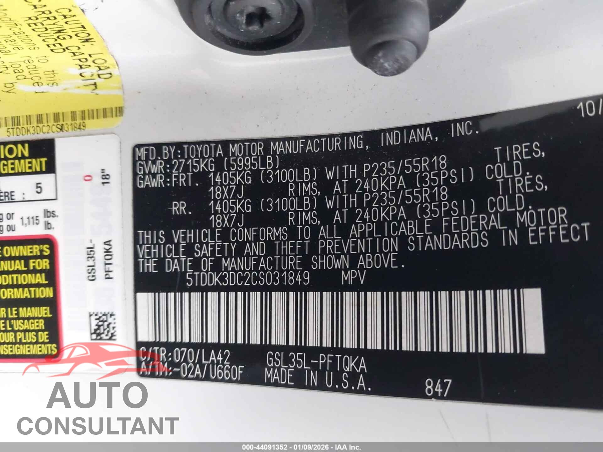 TOYOTA SIENNA 2012 - 5TDDK3DC2CS031849