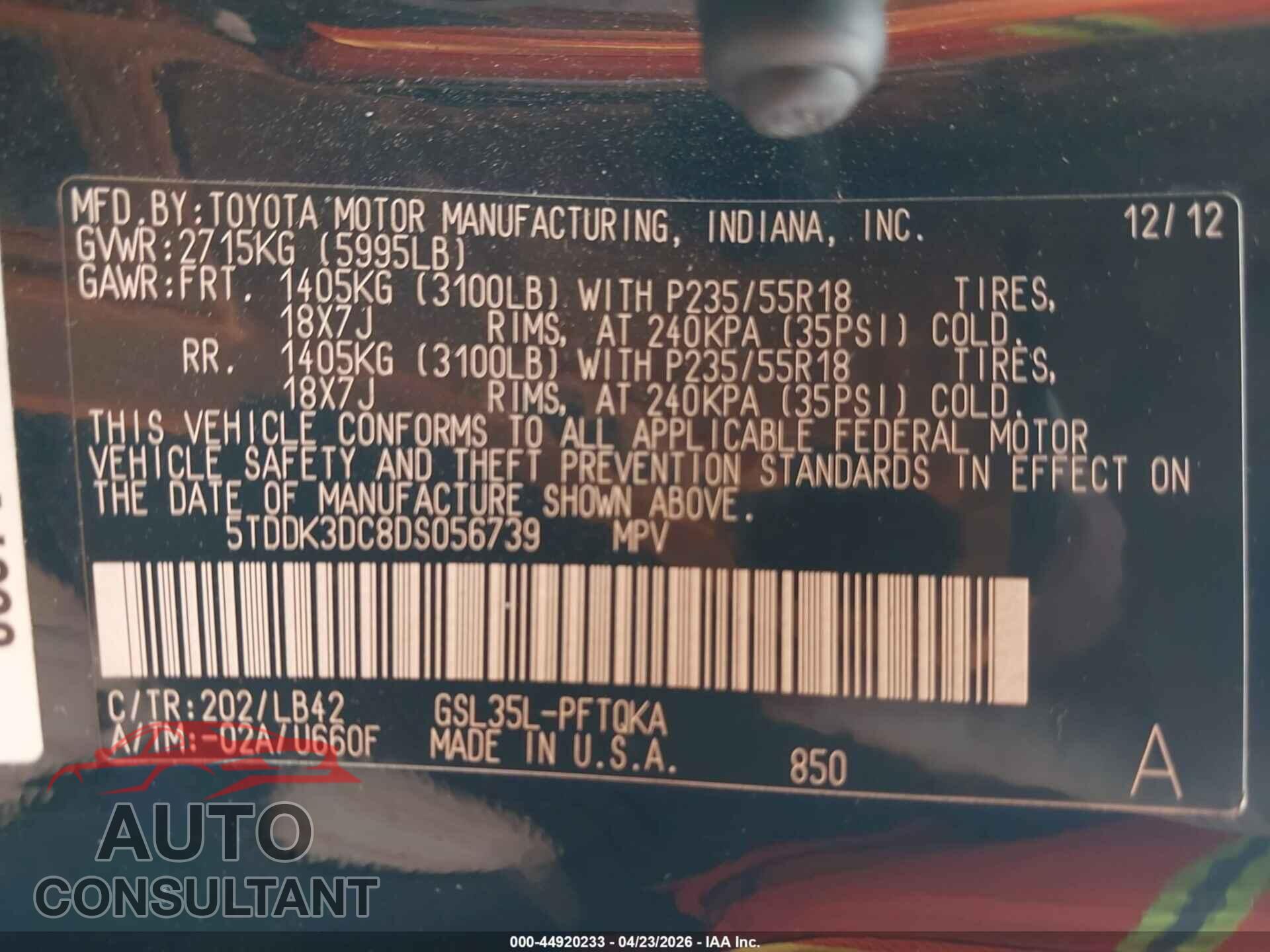 TOYOTA SIENNA 2013 - 5TDDK3DC8DS056739