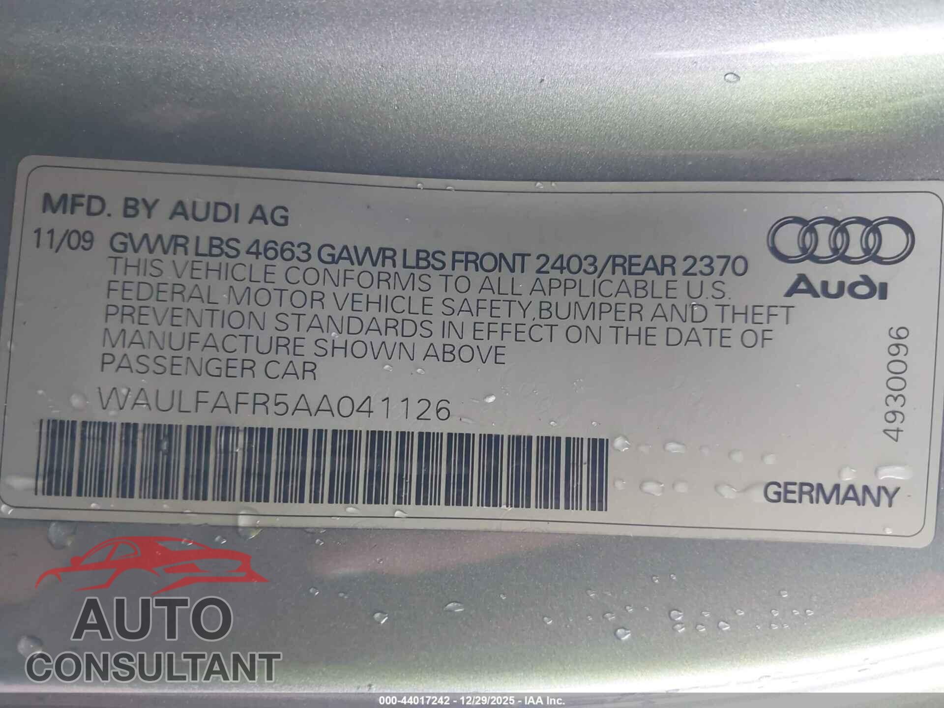 AUDI A5 2010 - WAULFAFR5AA041126