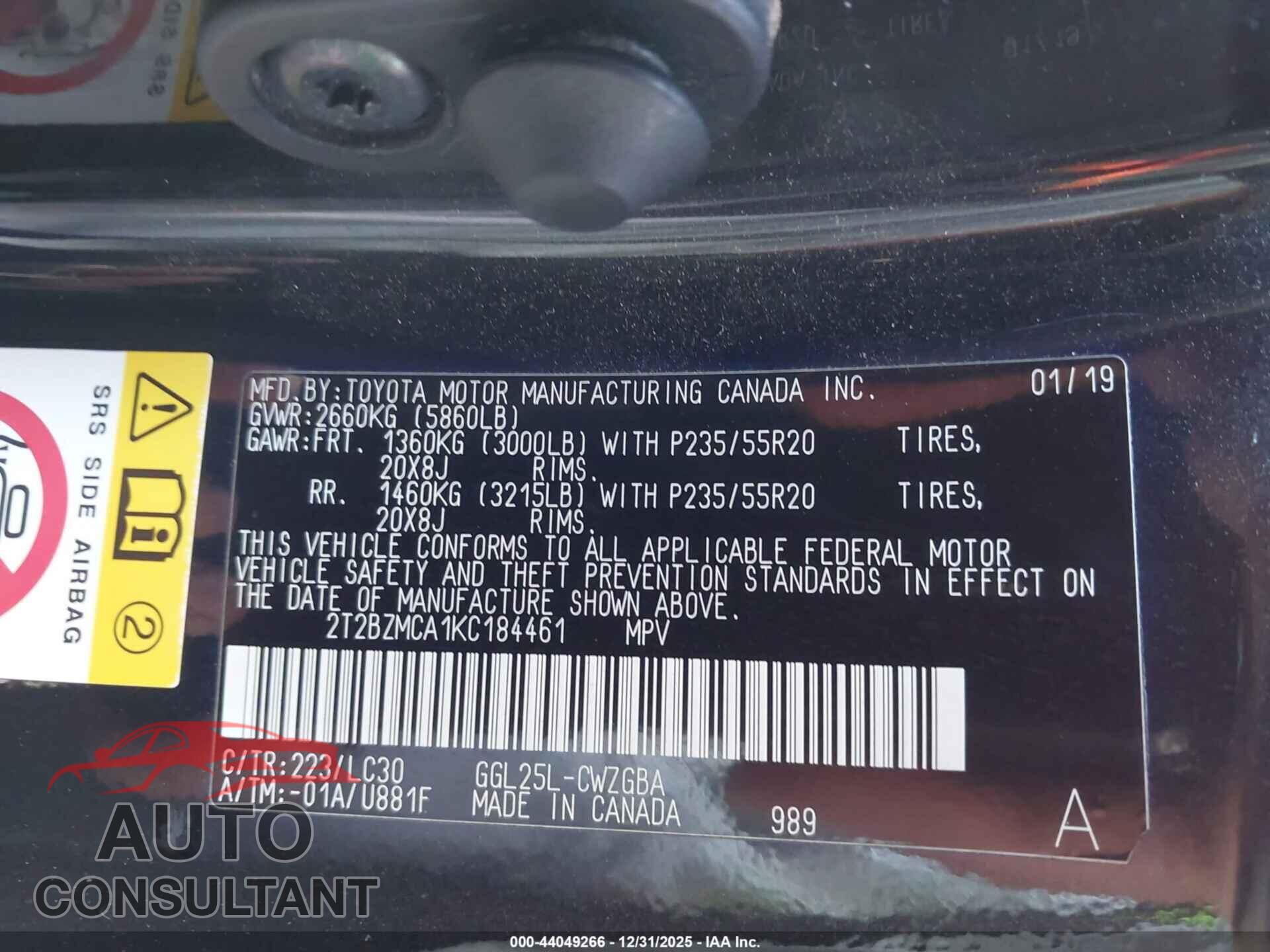 LEXUS RX 350 2019 - 2T2BZMCA1KC184461