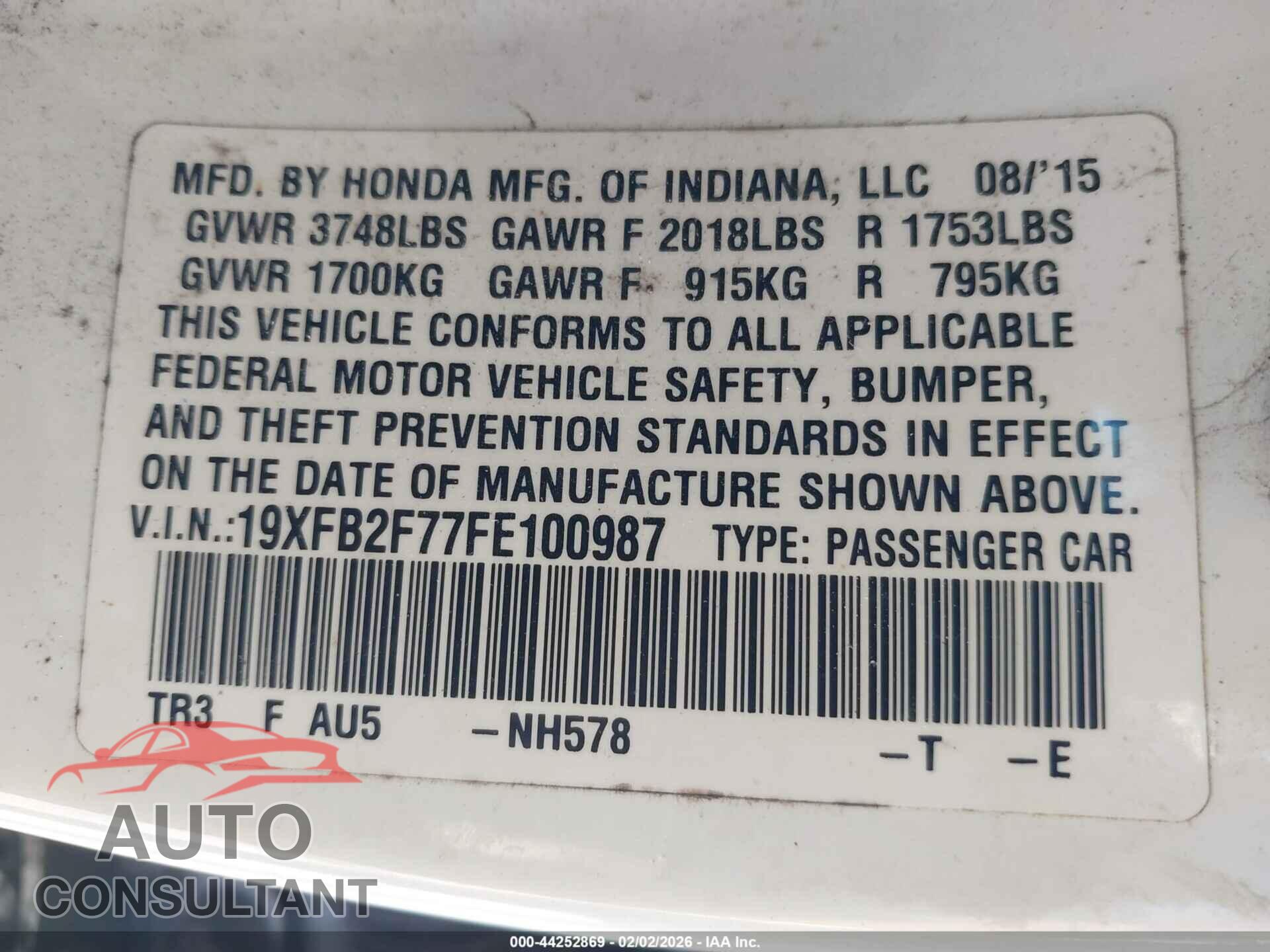 HONDA CIVIC 2015 - 19XFB2F77FE100987