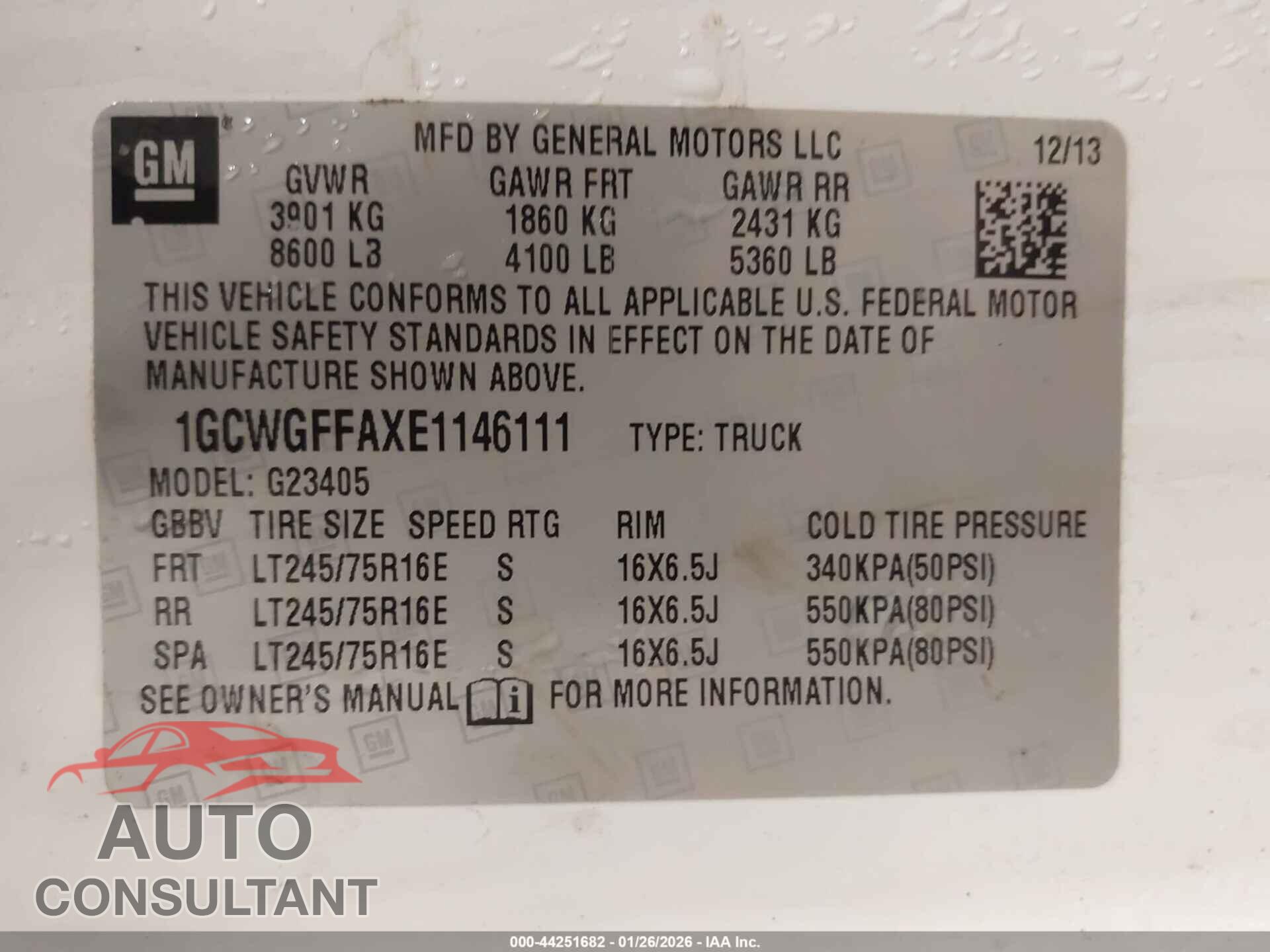 CHEVROLET EXPRESS 2500 2014 - 1GCWGFFAXE1146111
