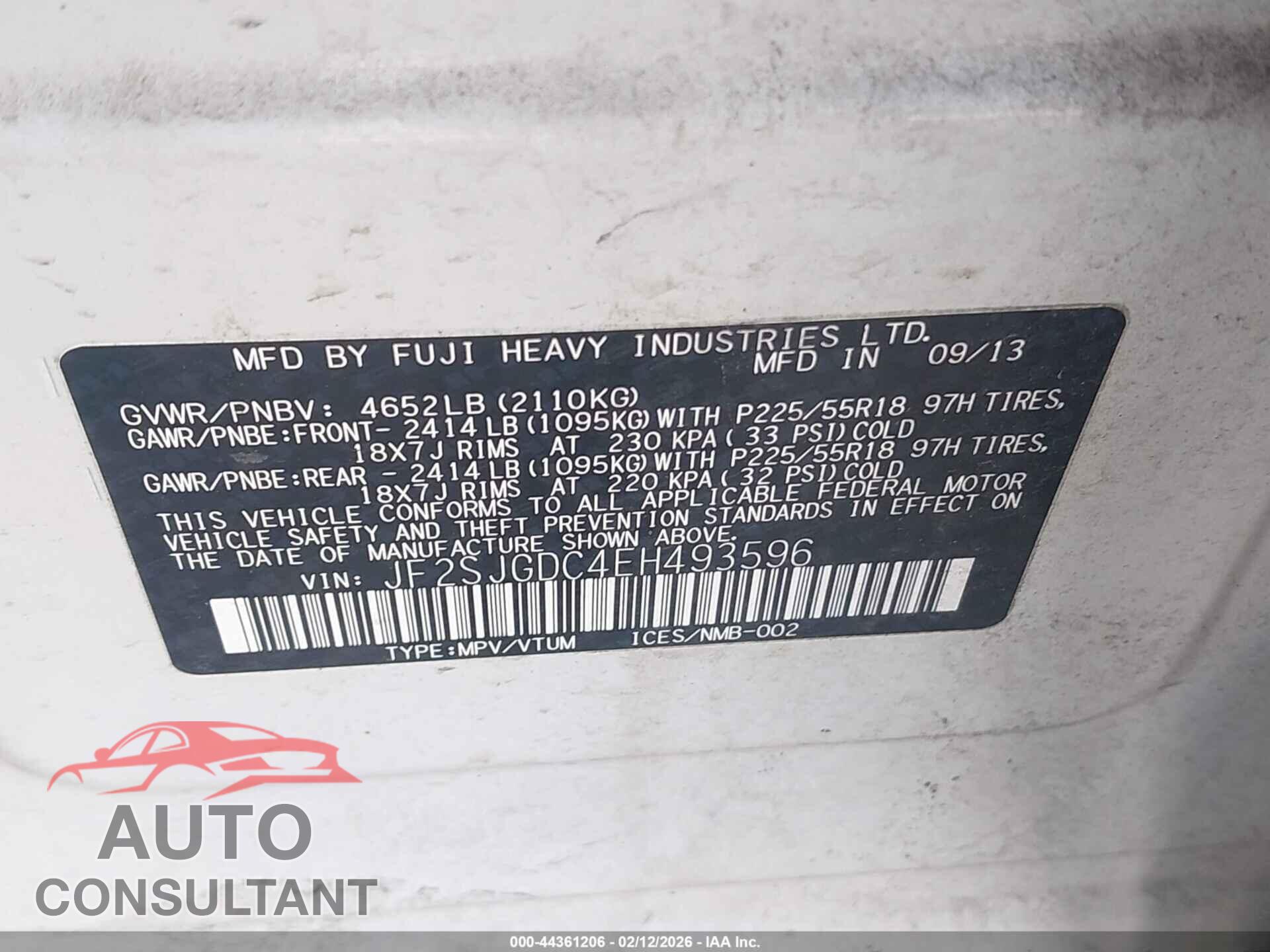 SUBARU FORESTER 2014 - JF2SJGDC4EH493596