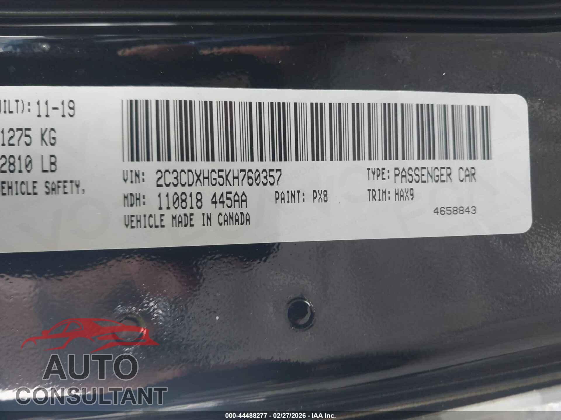 DODGE CHARGER 2019 - 2C3CDXHG5KH760357