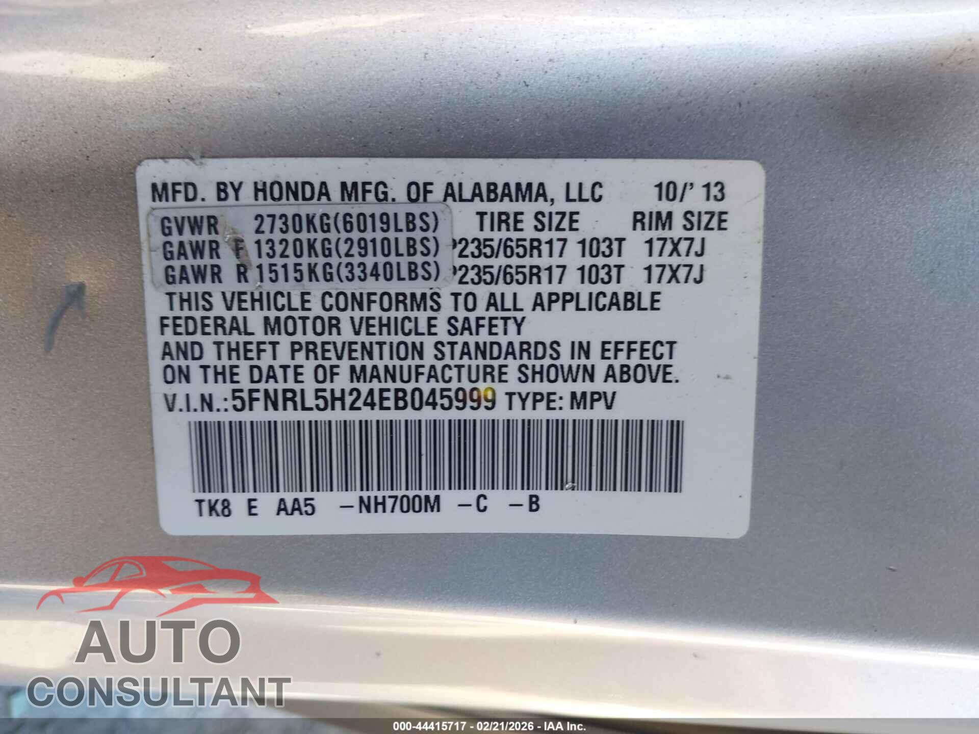 HONDA ODYSSEY 2014 - 5FNRL5H24EB045999