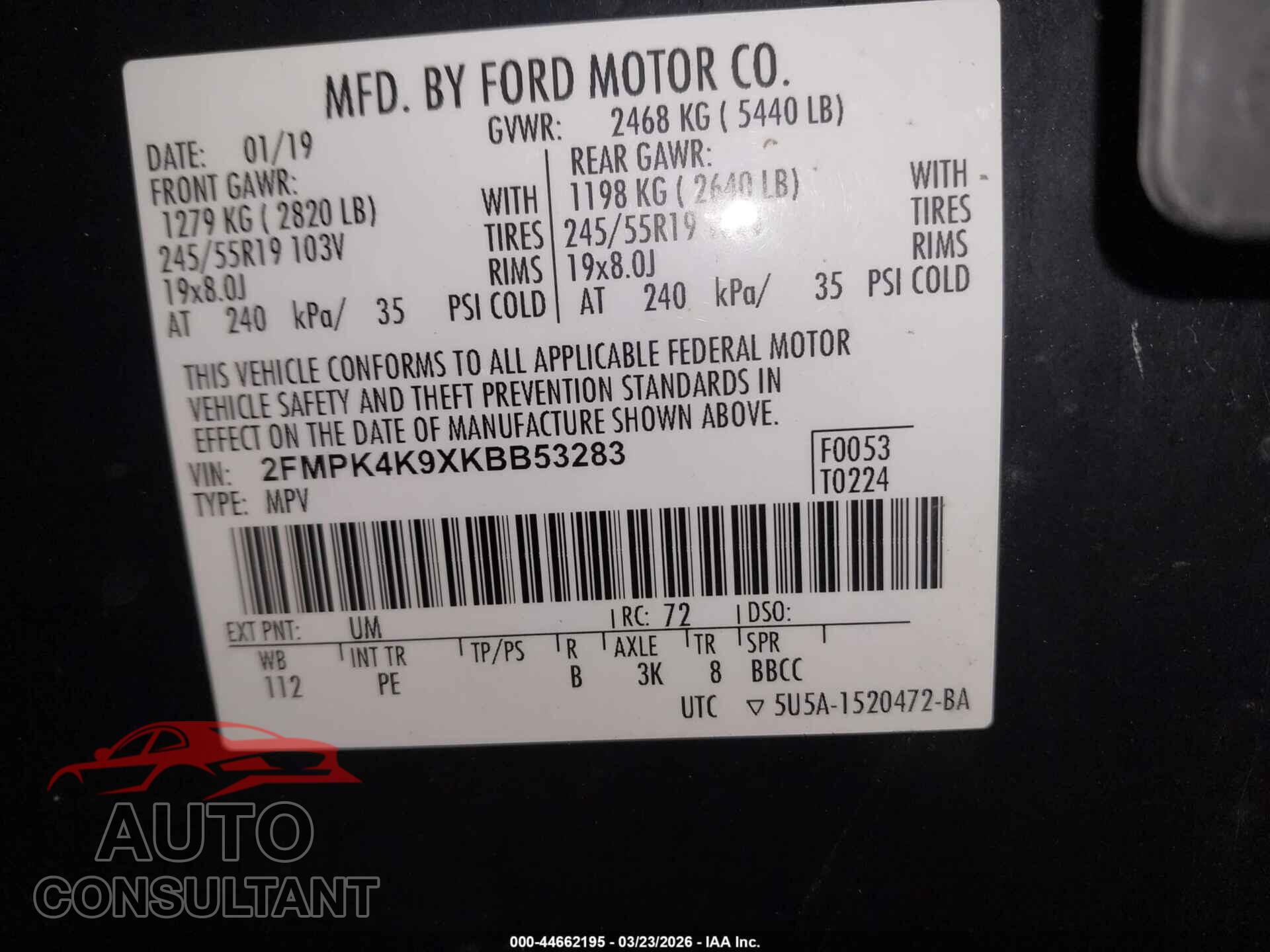 FORD EDGE 2019 - 2FMPK4K9XKBB53283