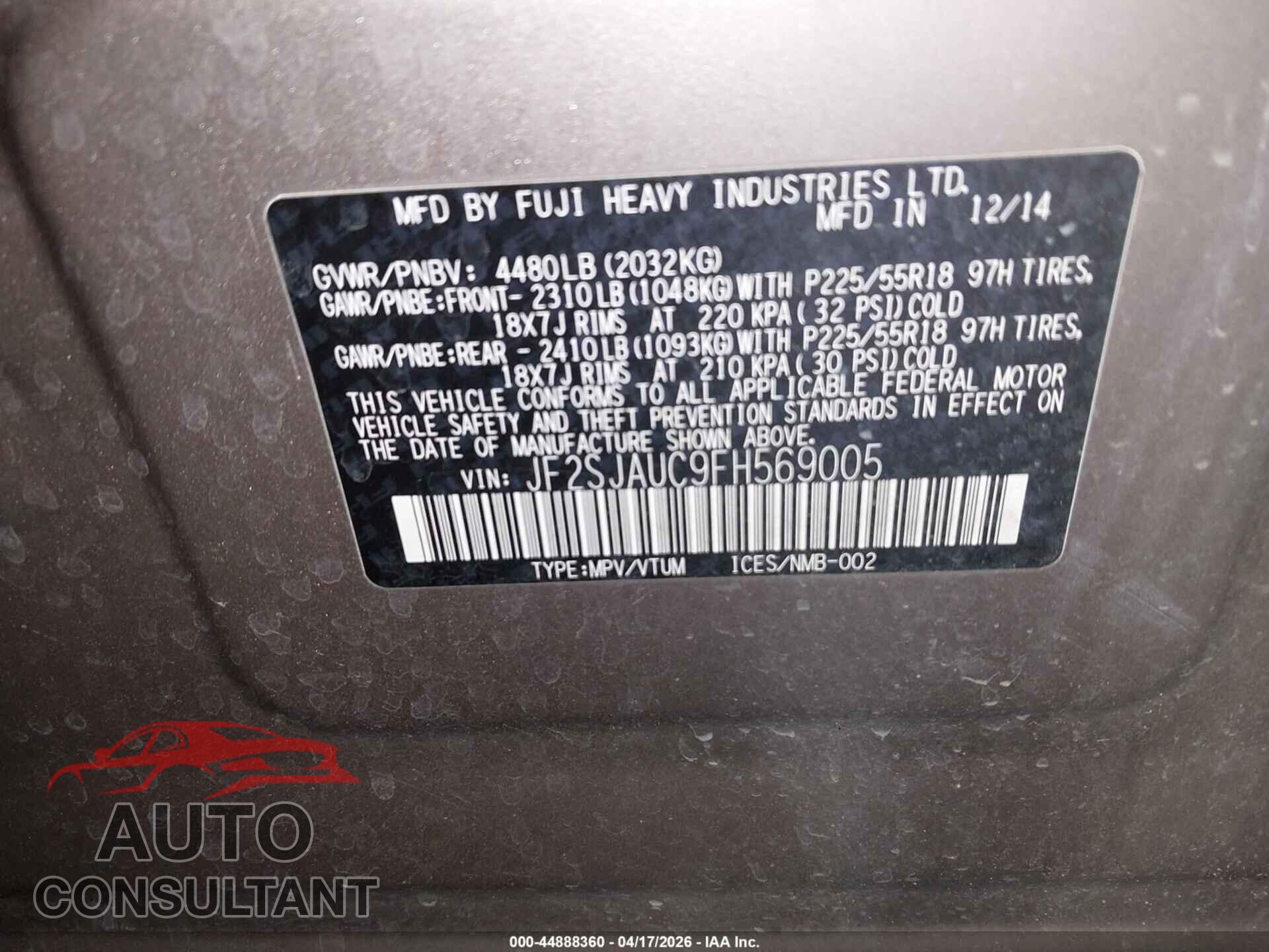 SUBARU FORESTER 2015 - JF2SJAUC9FH569005