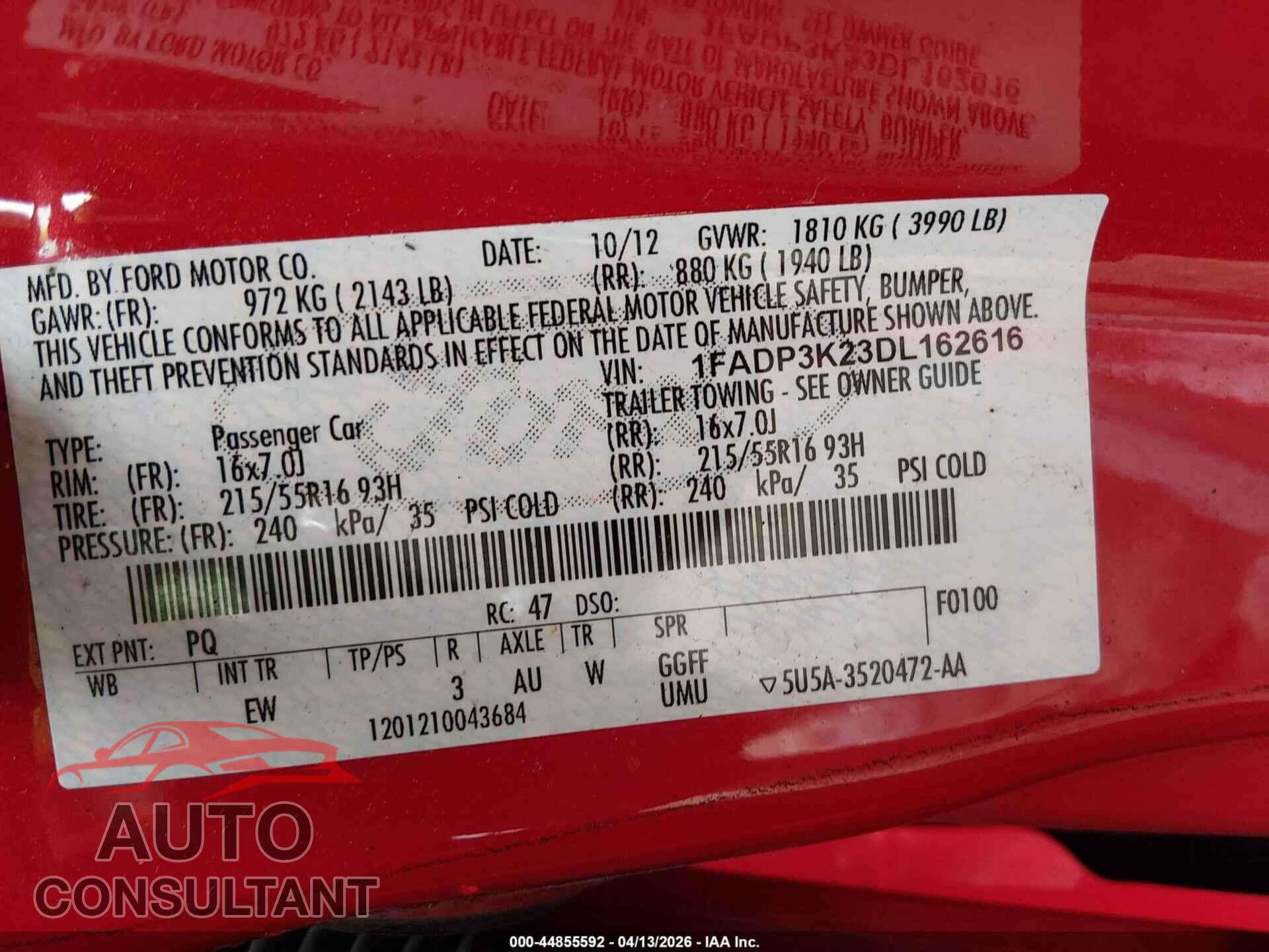 FORD FOCUS 2013 - 1FADP3K23DL162616