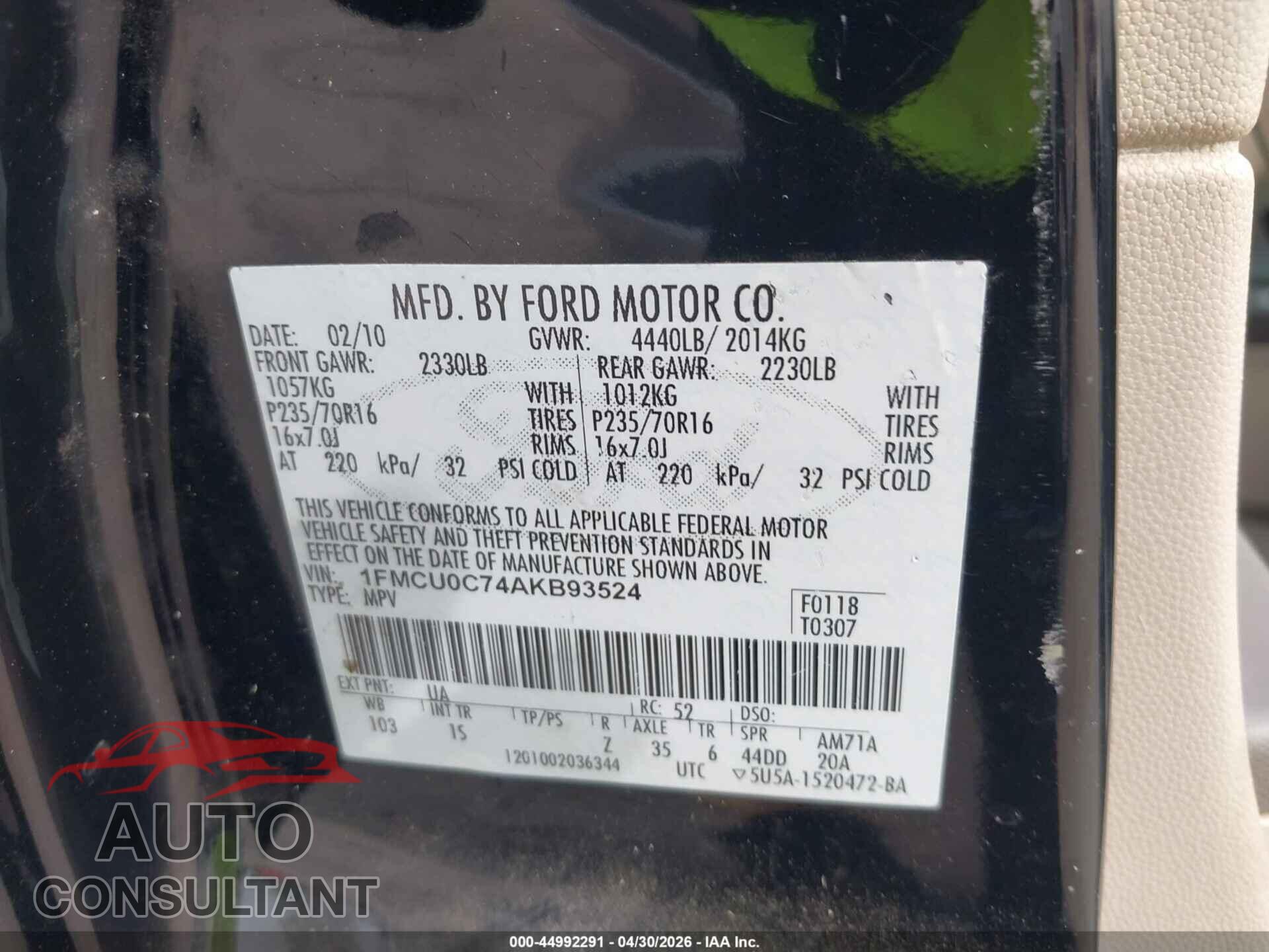 FORD ESCAPE 2010 - 1FMCU0C74AKB93524
