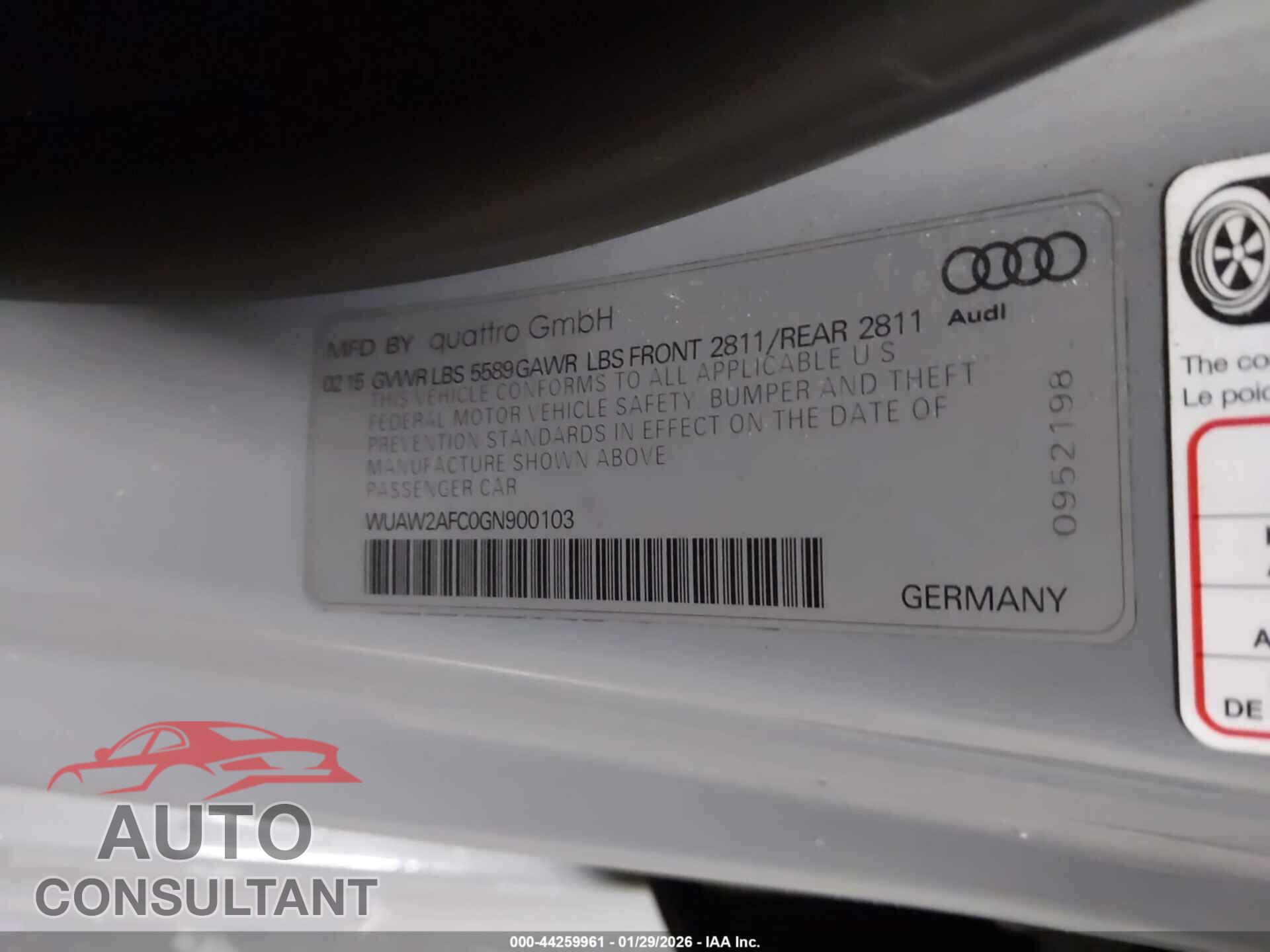 AUDI RS 7 2016 - WUAW2AFC0GN900103