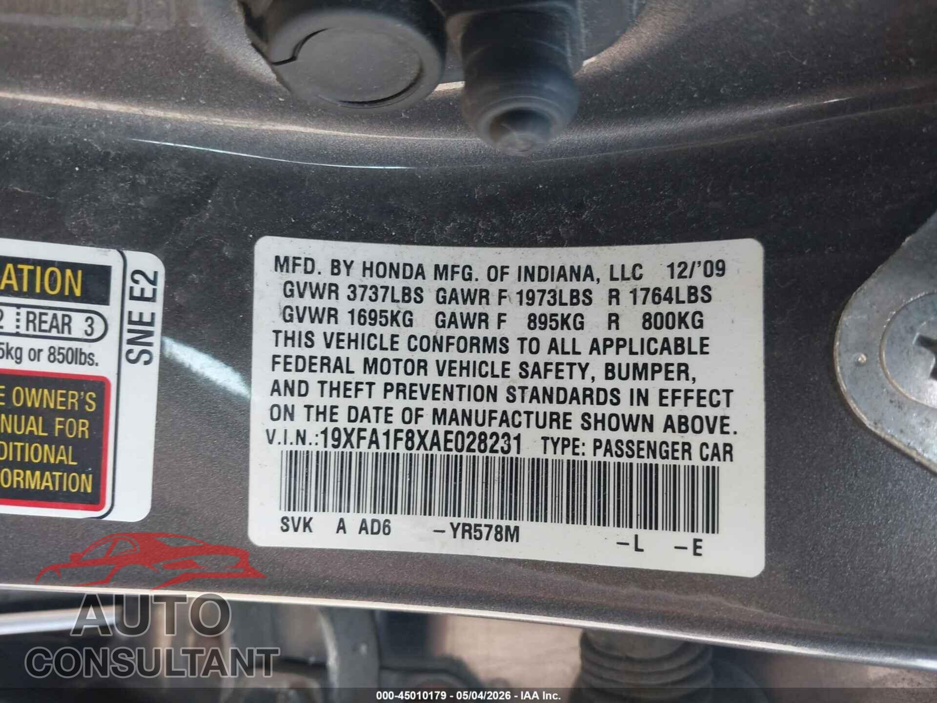 HONDA CIVIC 2010 - 19XFA1F8XAE028231