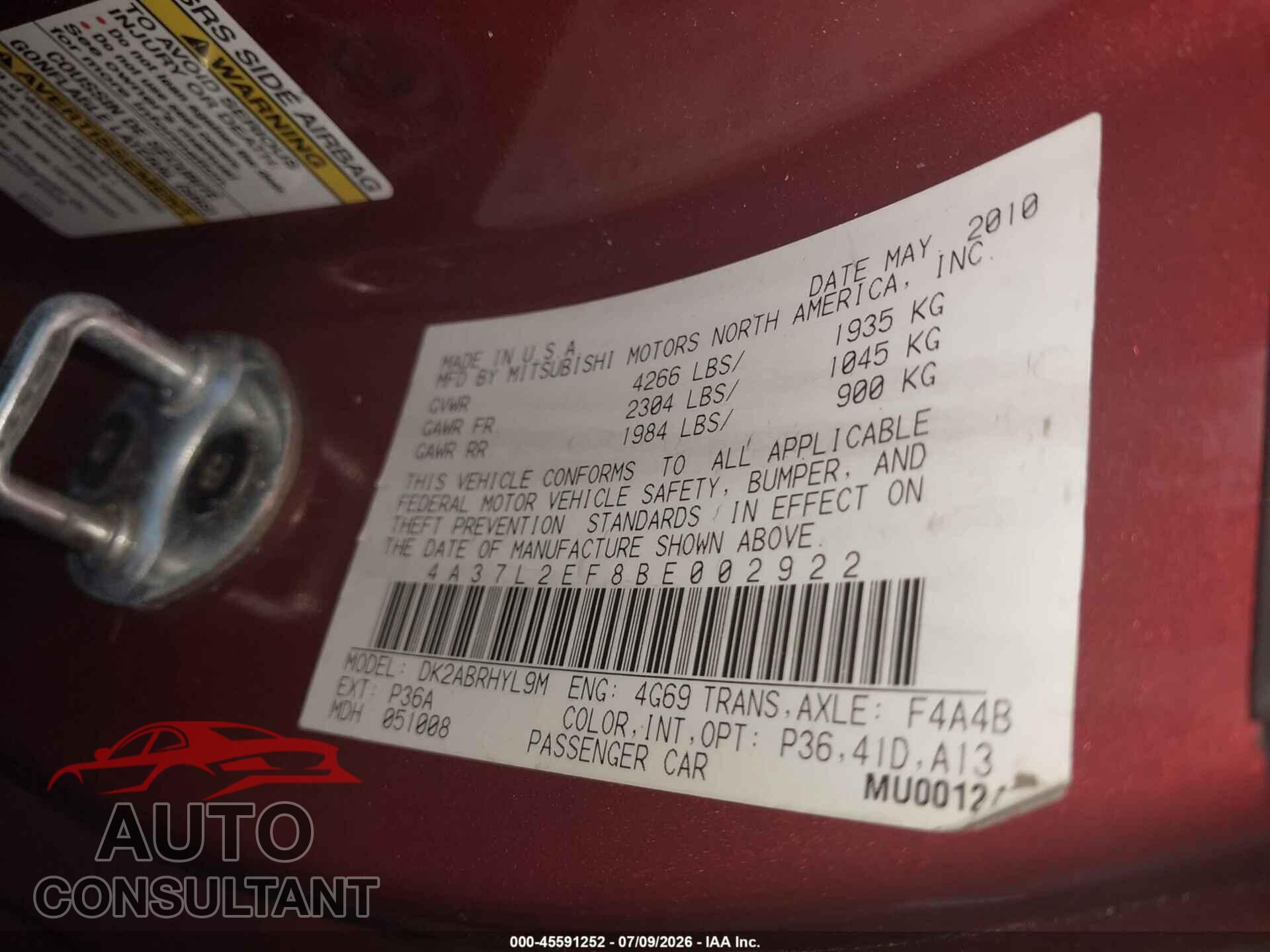 MITSUBISHI ECLIPSE 2011 - 4A37L2EF8BE002922