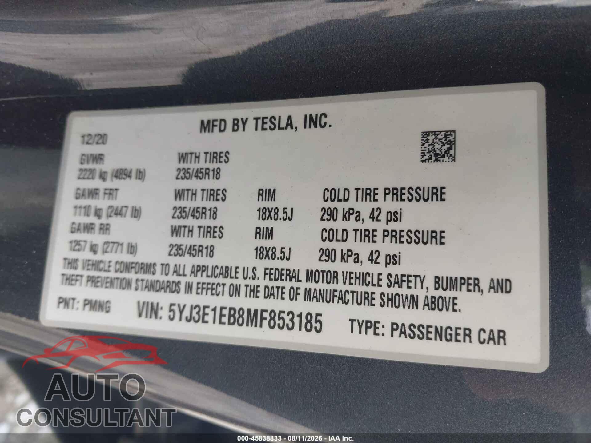 TESLA MODEL 3 2021 - 5YJ3E1EB8MF853185