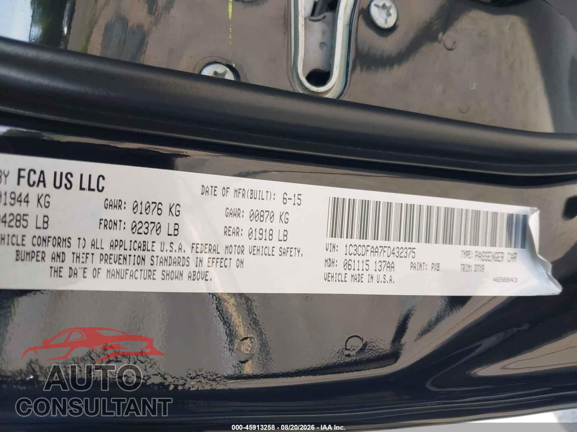 DODGE DART 2015 - 1C3CDFAA7FD432375