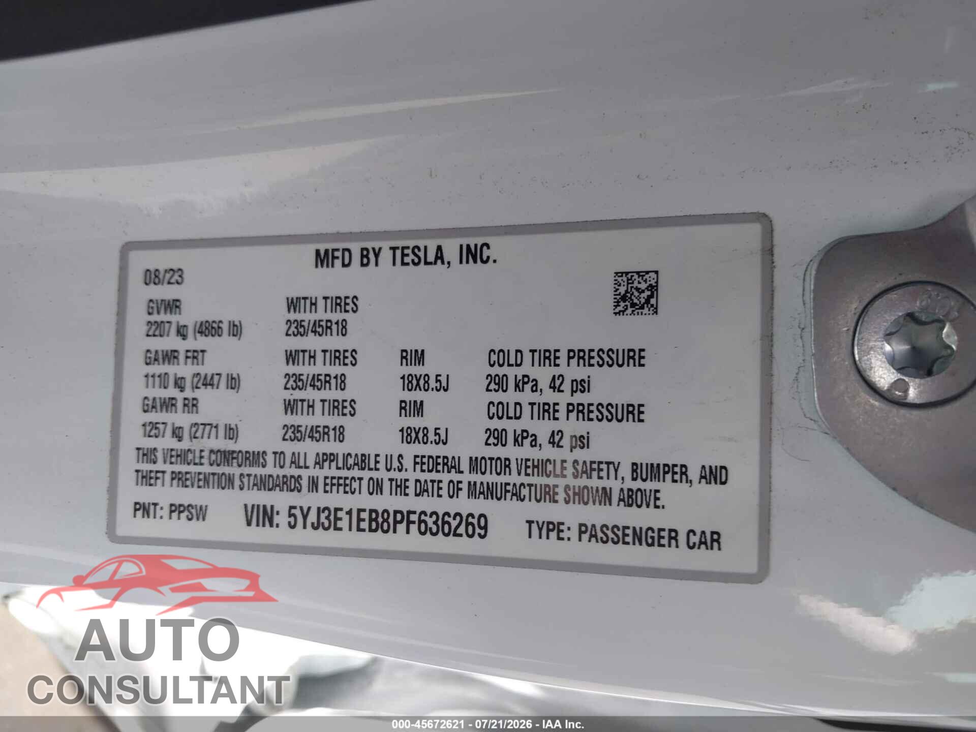 TESLA MODEL 3 2023 - 5YJ3E1EB8PF636269