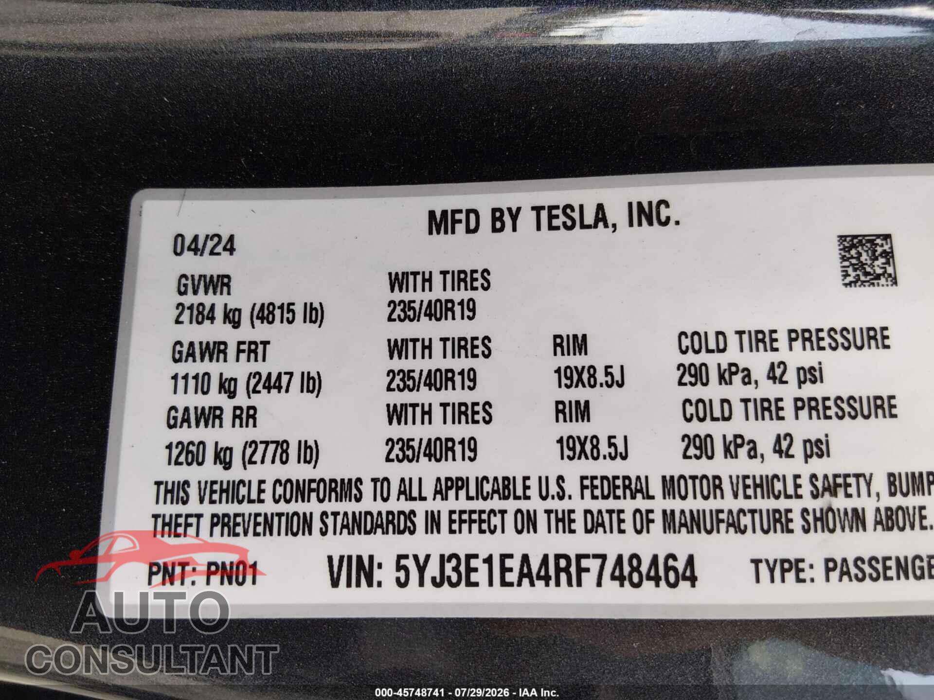 TESLA MODEL 3 2024 - 5YJ3E1EA4RF748464