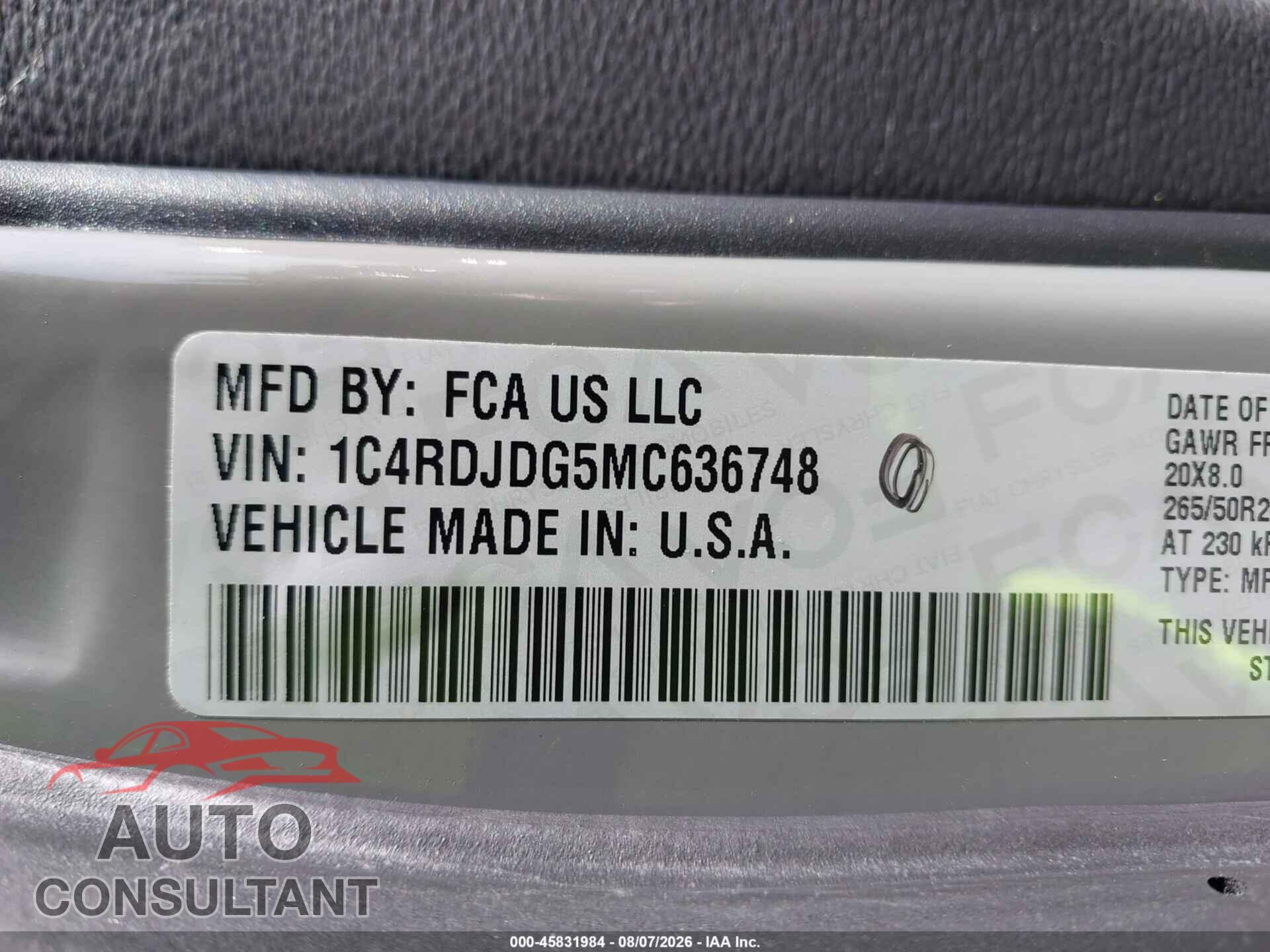 DODGE DURANGO 2021 - 1C4RDJDG5MC636748