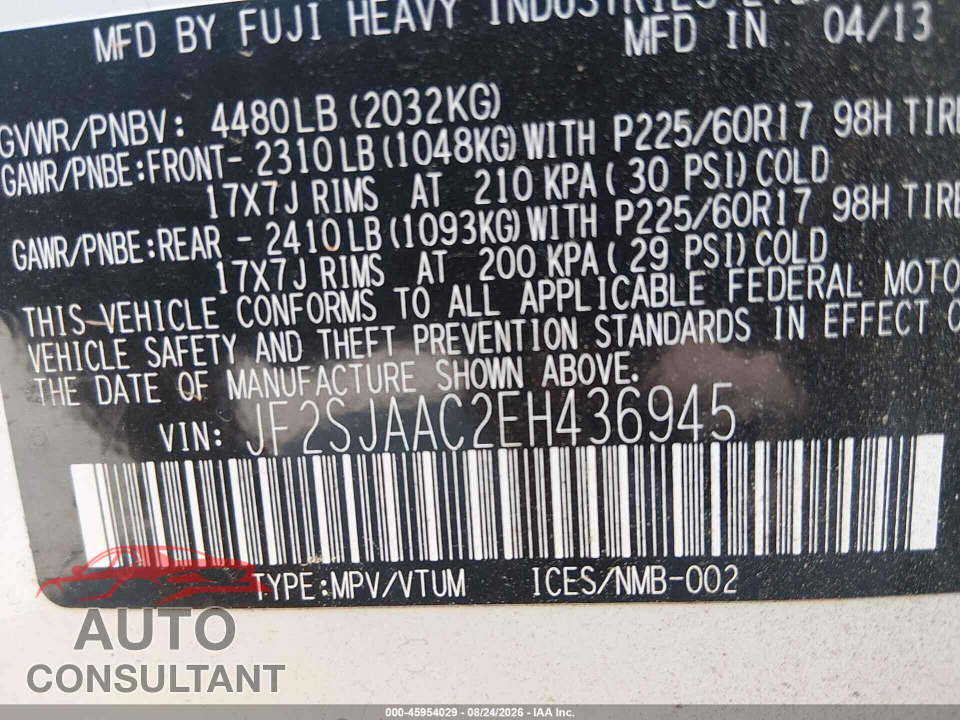 SUBARU FORESTER 2014 - JF2SJAAC2EH436945