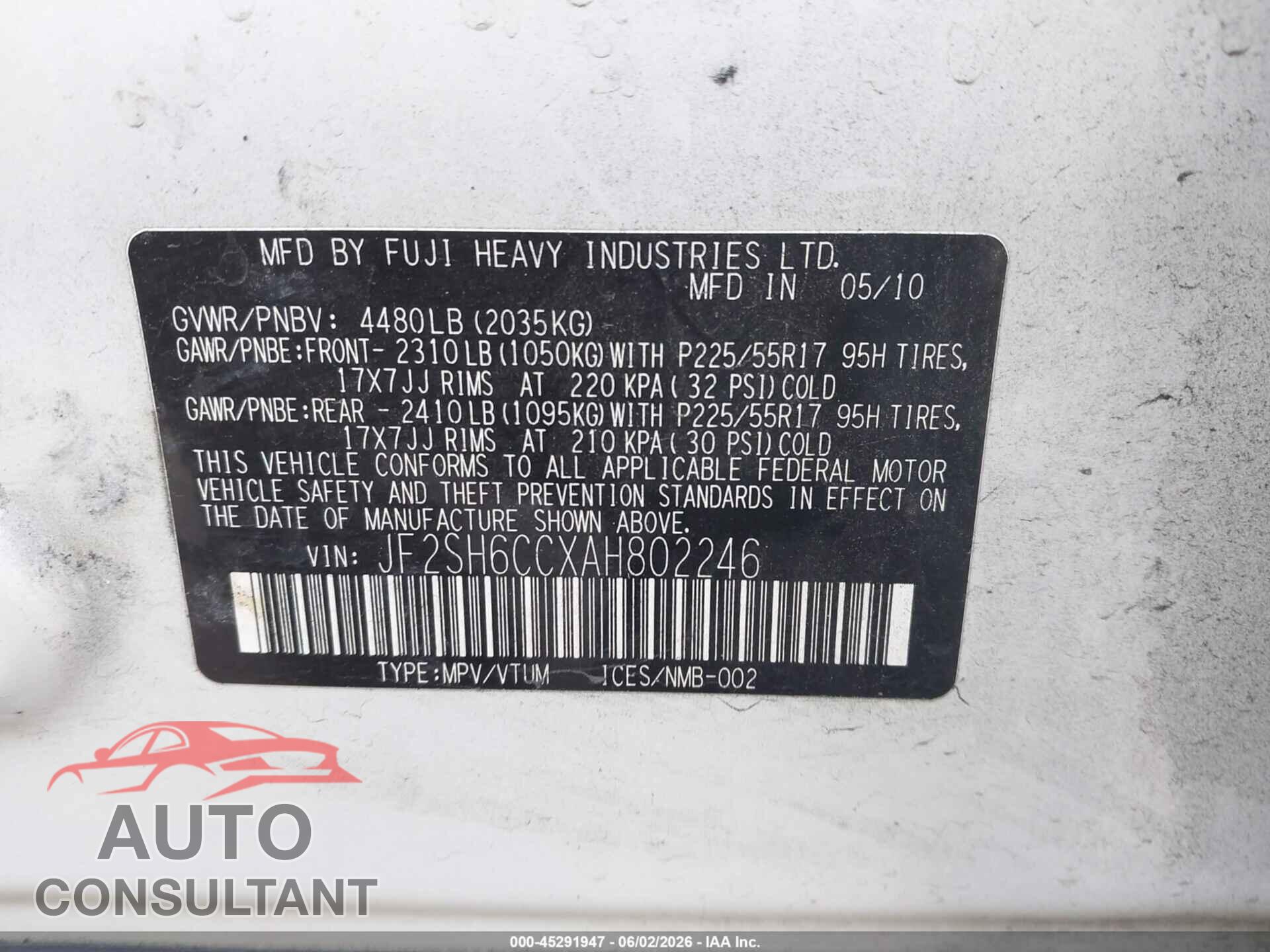 SUBARU FORESTER 2010 - JF2SH6CCXAH802246