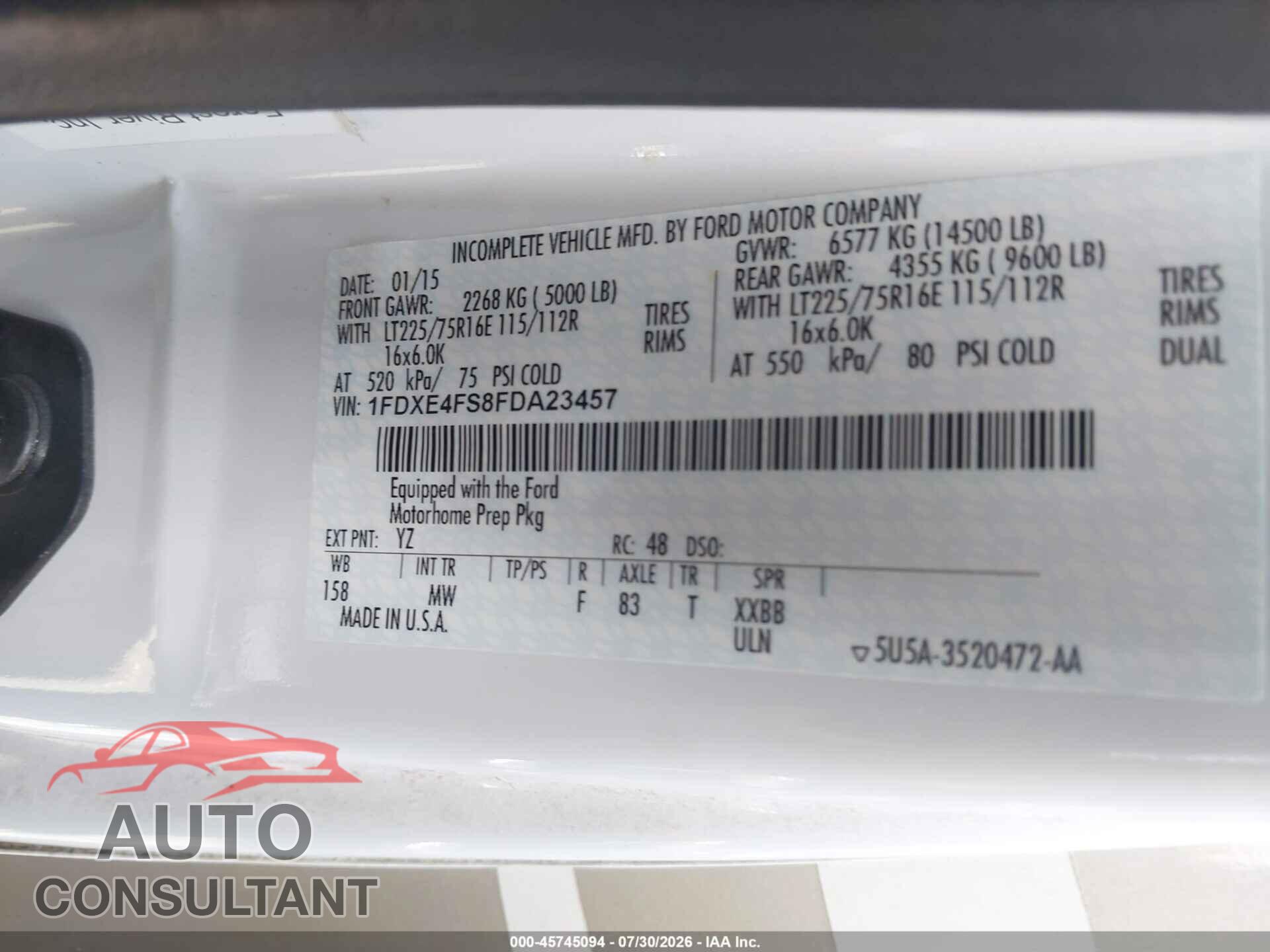 FORD E-450 CUTAWAY 2015 - 1FDXE4FS8FDA23457