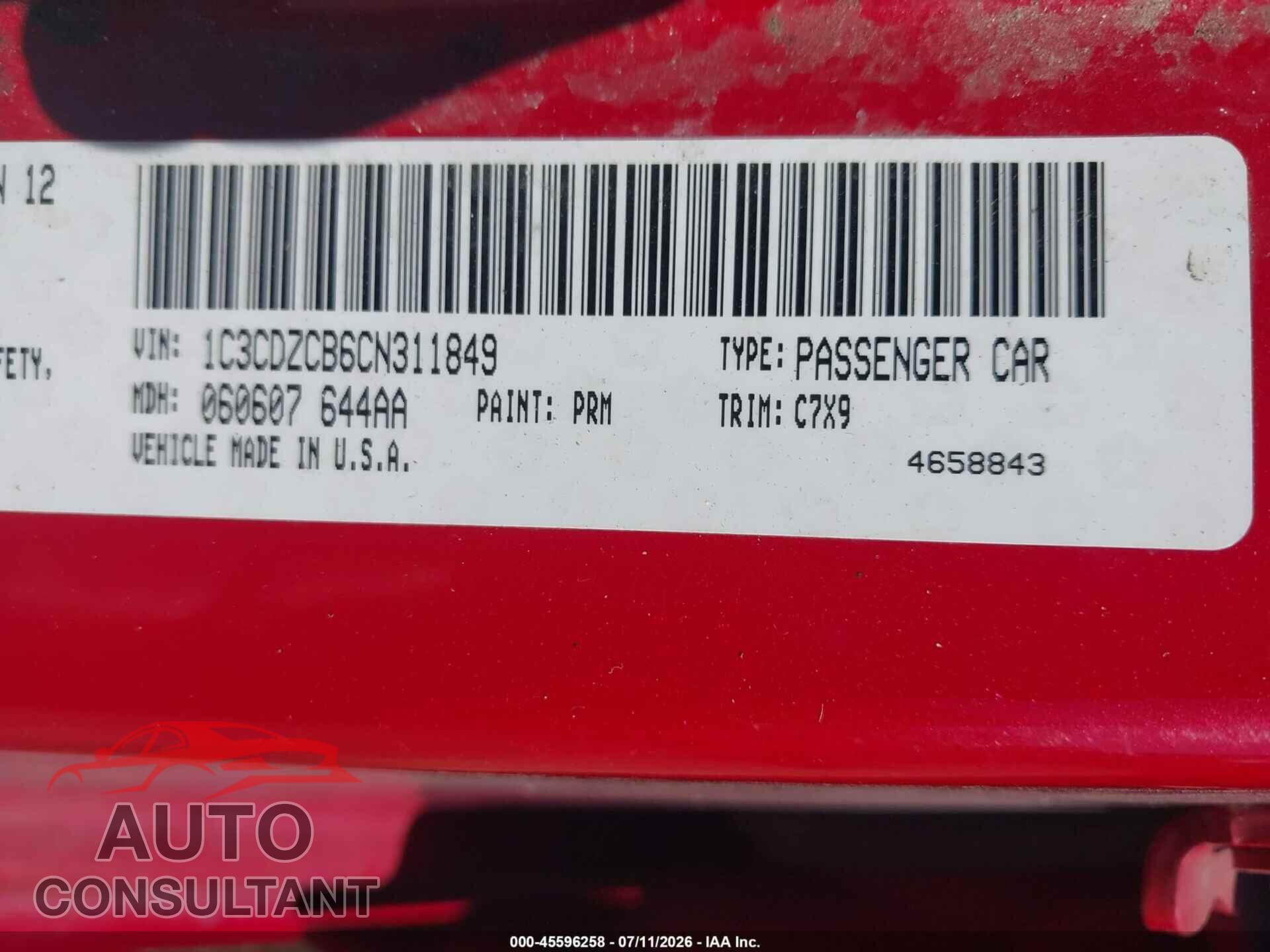 DODGE AVENGER 2012 - 1C3CDZCB6CN311849