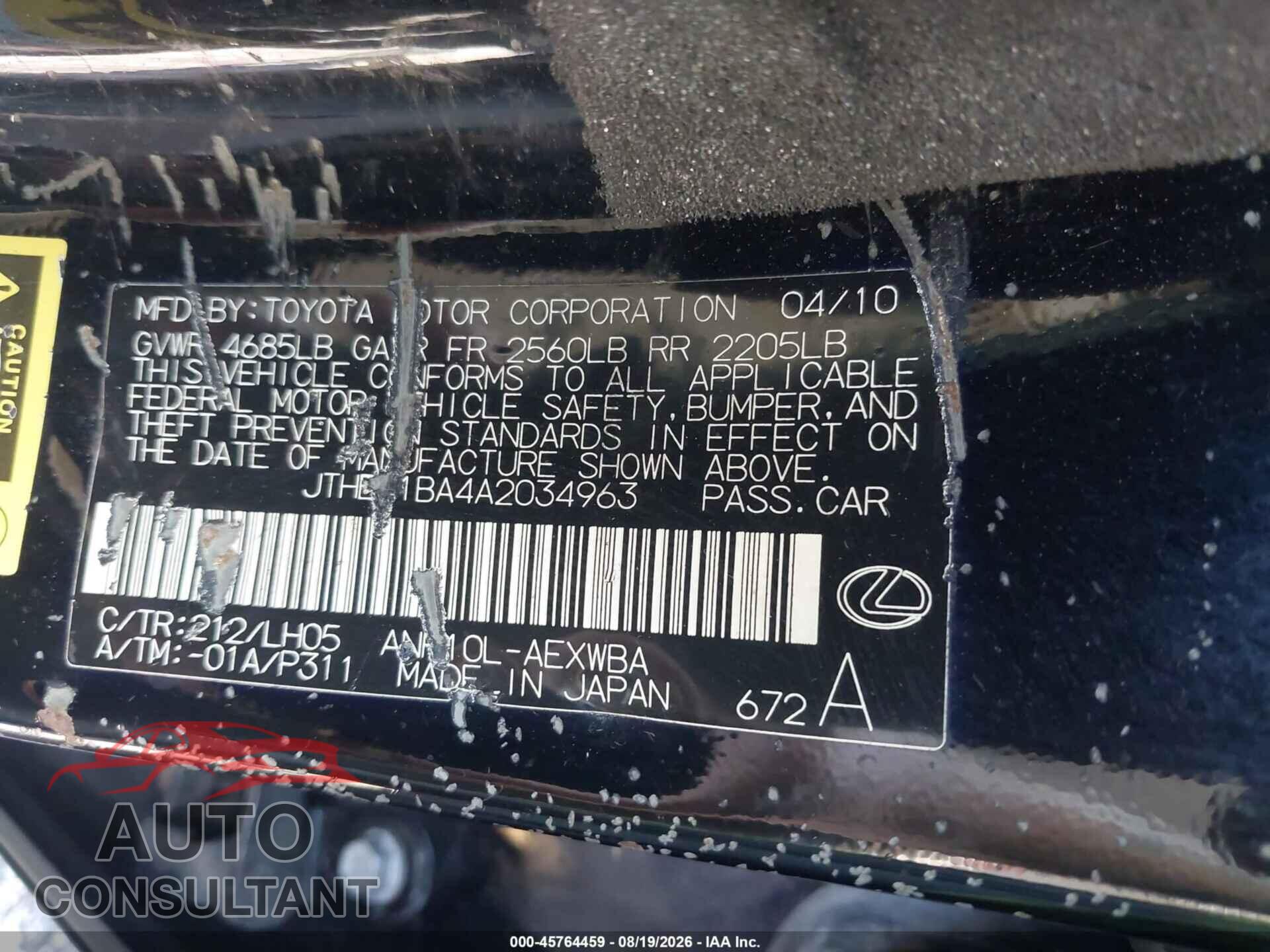 LEXUS HS 250H 2010 - JTHBB1BA4A2034963