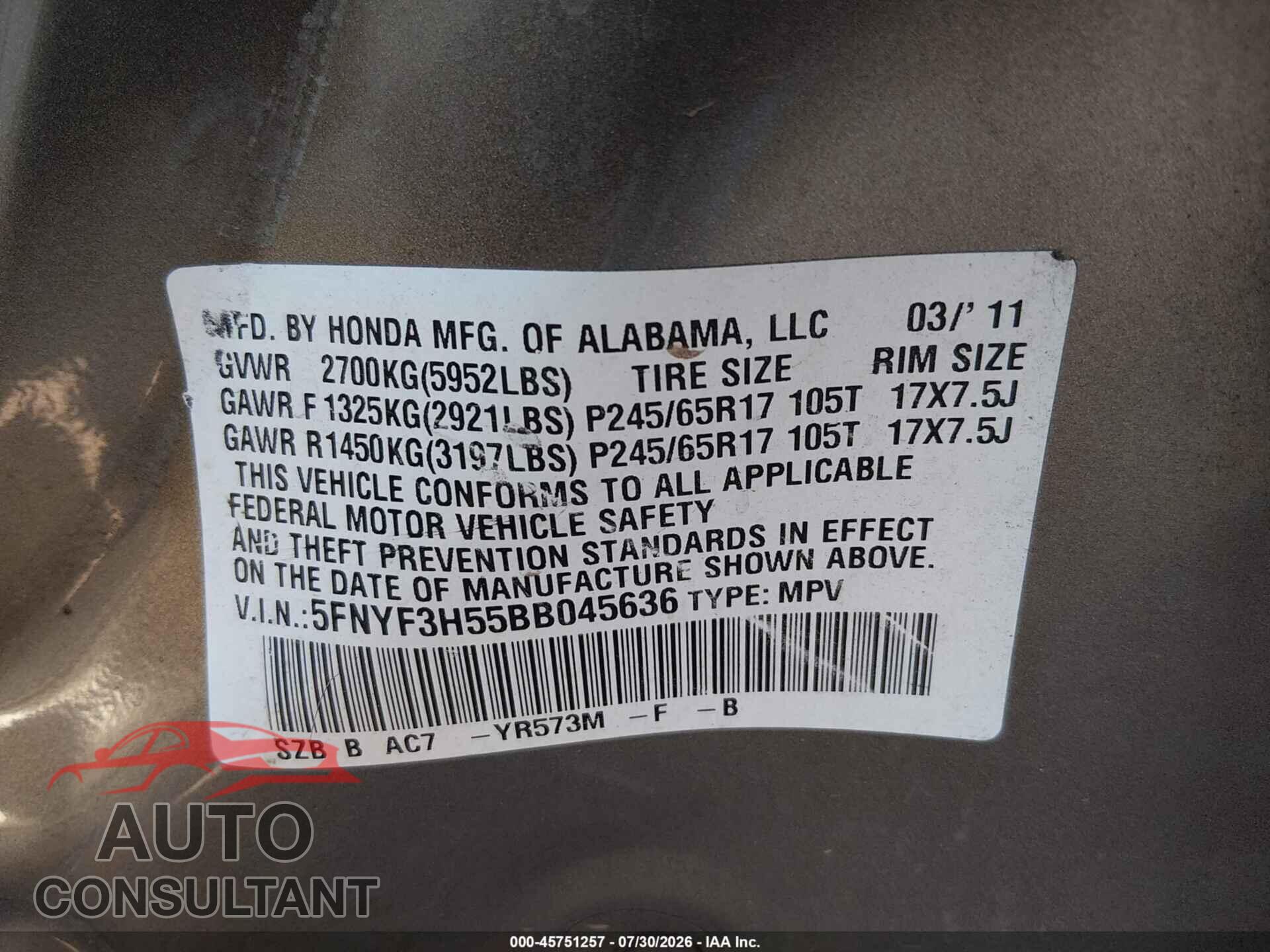 HONDA PILOT 2011 - 5FNYF3H55BB045636