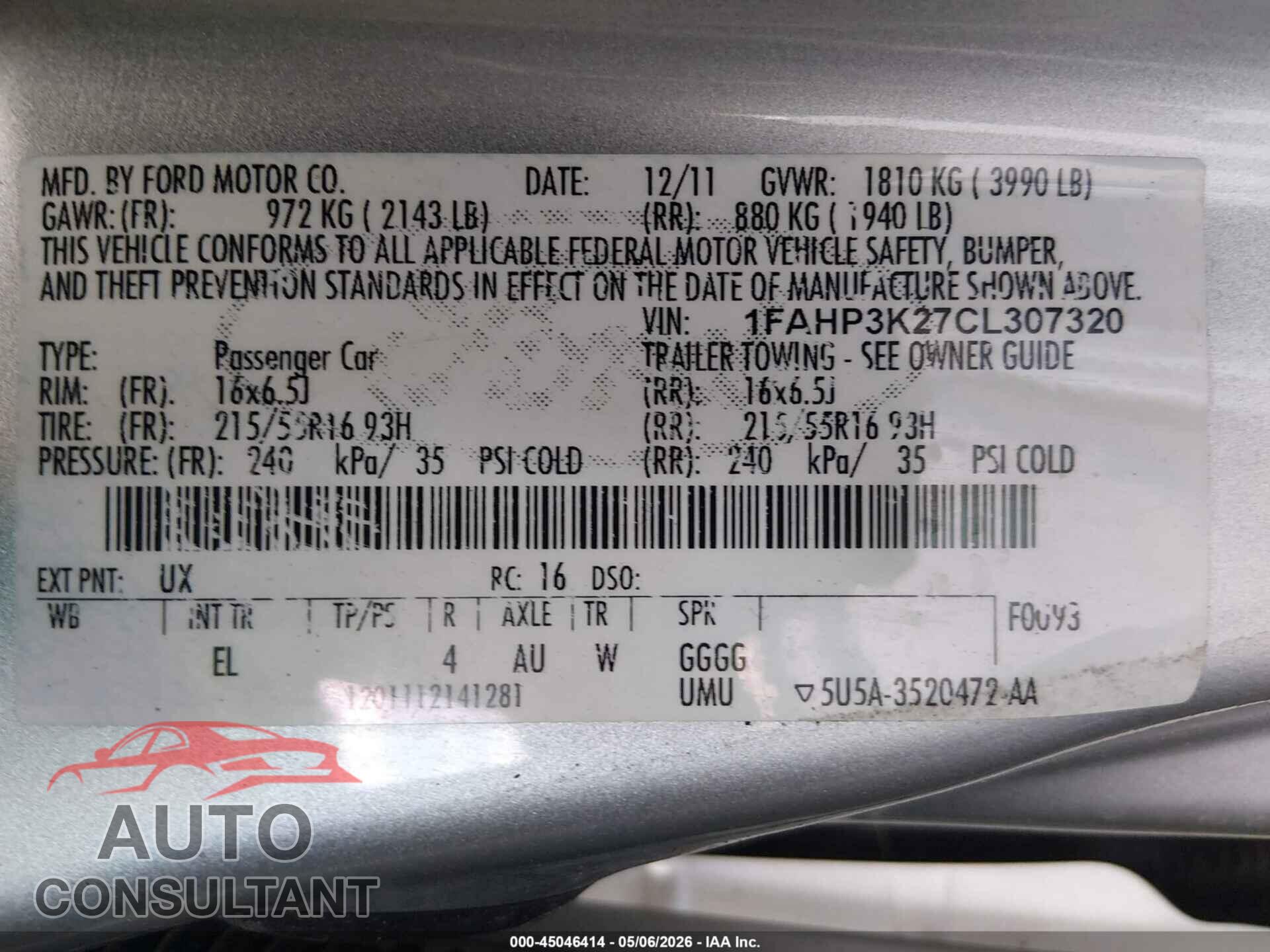 FORD FOCUS 2012 - 1FAHP3K27CL307320