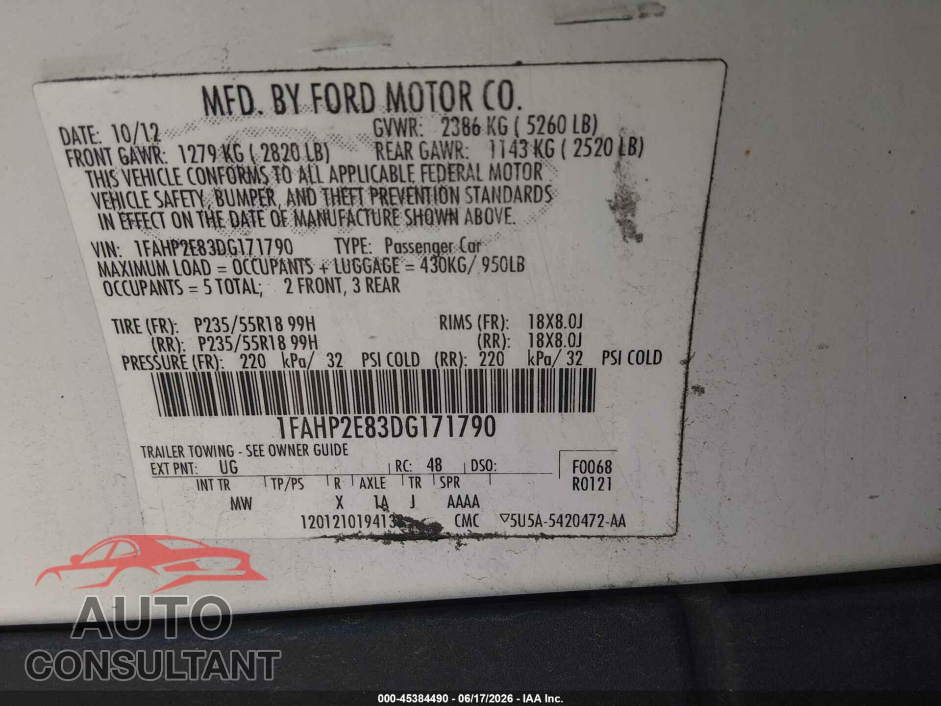 FORD TAURUS 2013 - 1FAHP2E83DG171790