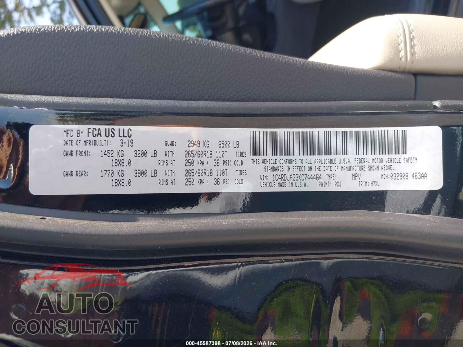 DODGE DURANGO 2019 - 1C4RDJAG3KC744464