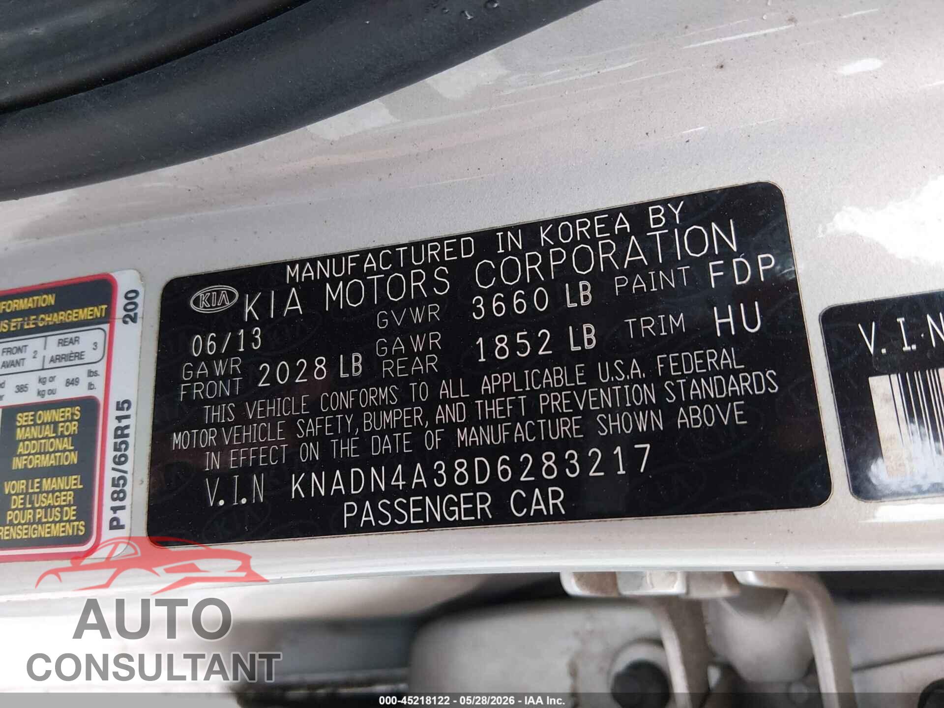 KIA RIO 2013 - KNADN4A38D6283217