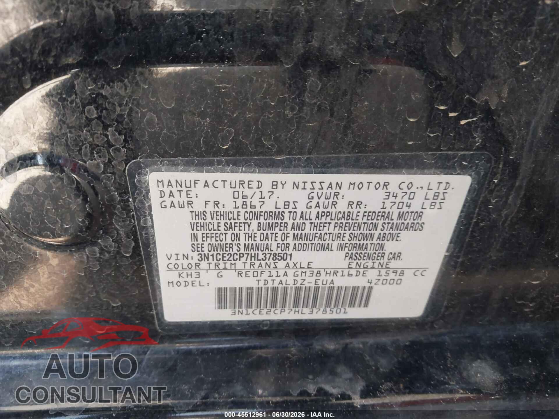 NISSAN VERSA NOTE 2017 - 3N1CE2CP7HL378501
