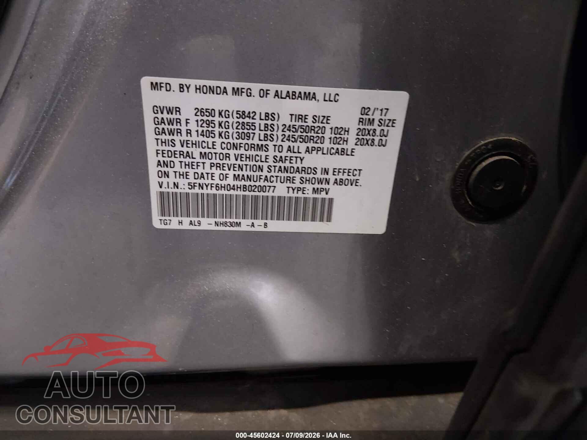 HONDA PILOT 2017 - 5FNYF6H04HB020077
