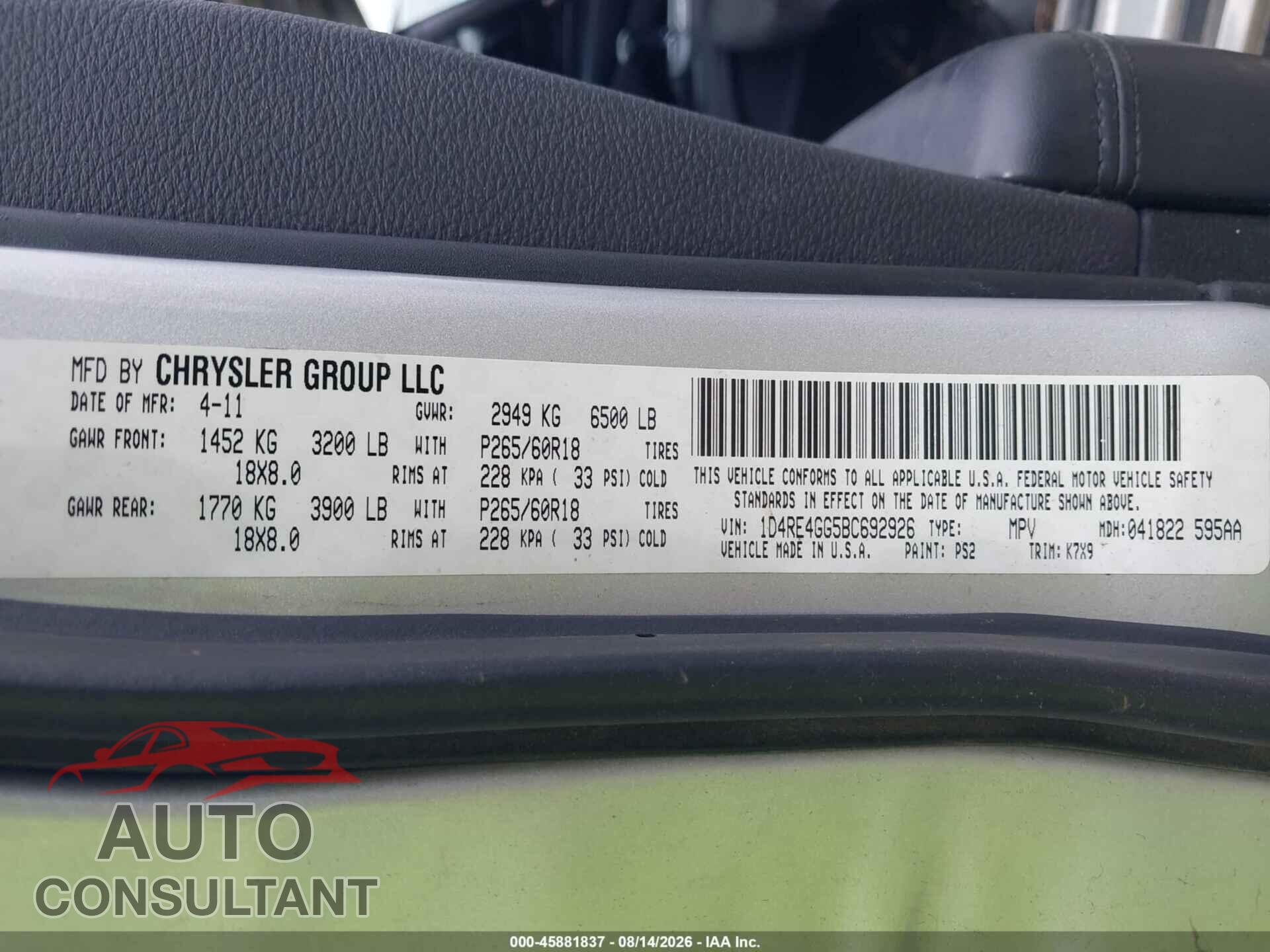 DODGE DURANGO 2011 - 1D4RE4GG5BC692926