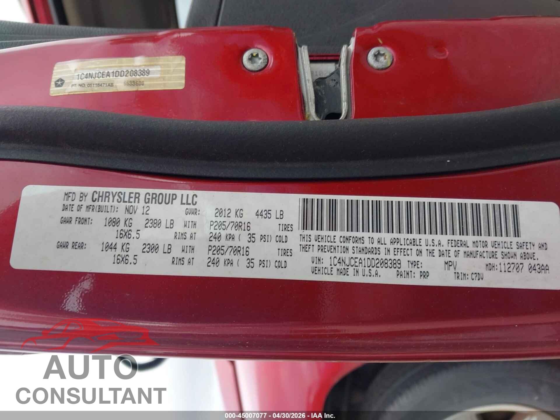 JEEP COMPASS 2013 - 1C4NJCEA1DD208389