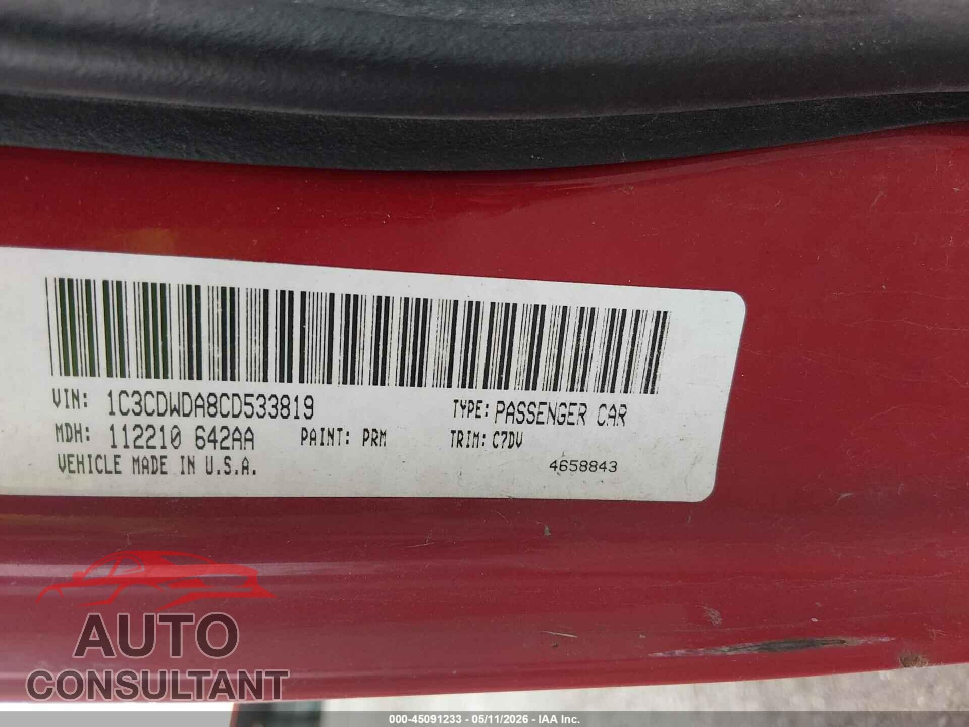 DODGE CALIBER 2012 - 1C3CDWDA8CD533819